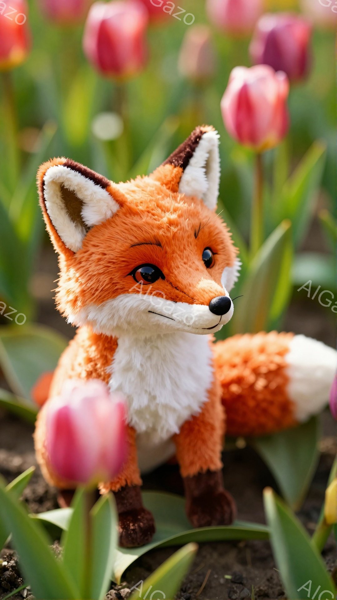 明るいピンク色のチューリップ畑に、愛らしいキツネのぬいぐるみがお座りしています。ふわふわのオレンジ色の毛並みと白いお腹が特徴で、つぶらな瞳が印象的です。背景の花々とぬいぐるみとのコントラストが、温かく優しい雰囲気を醸し出しています。