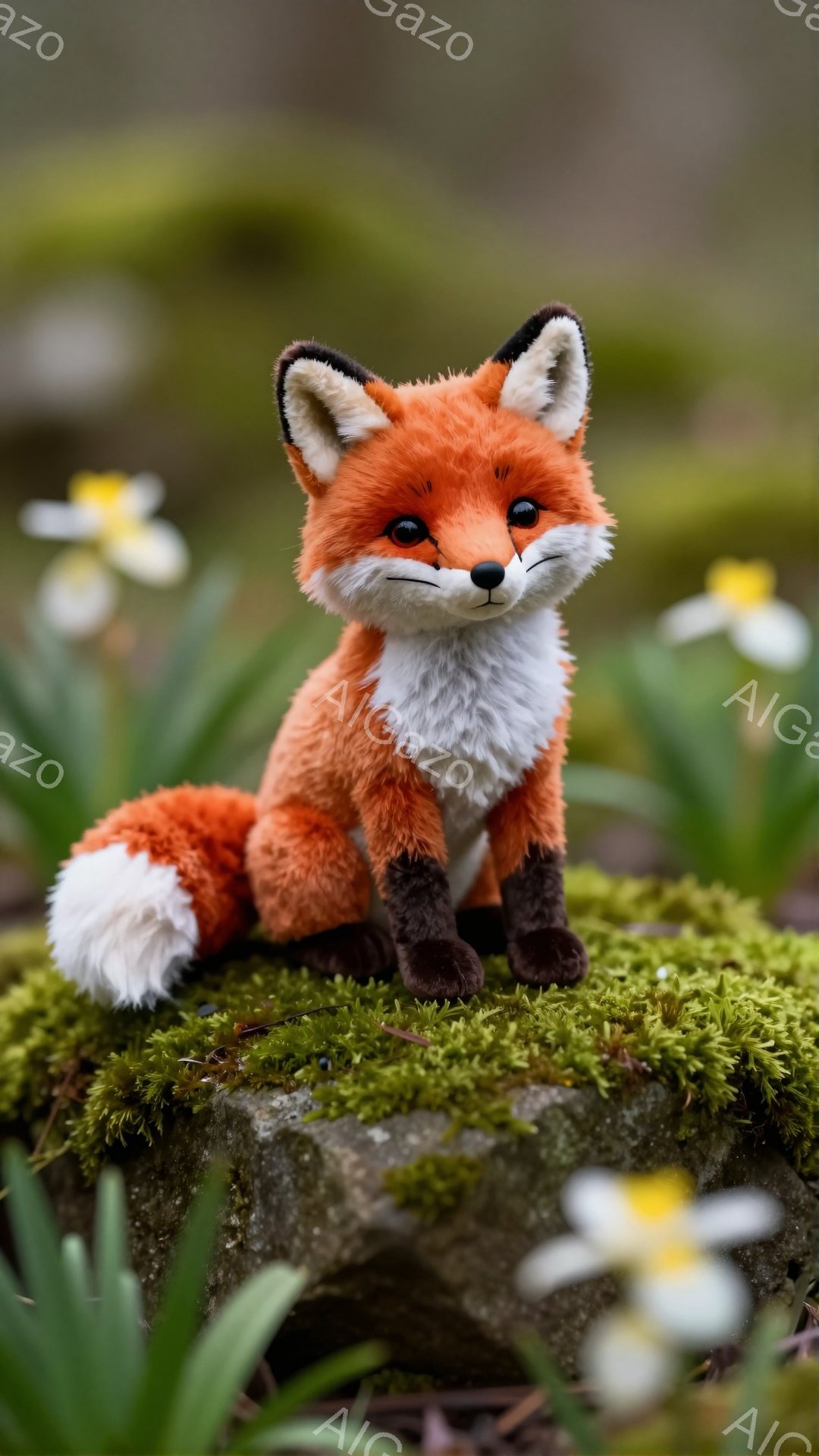 美しいキツネが苔の生えた岩の上に座っています。周りには白い花が咲き乱れ、春の穏やかな雰囲気を醸し出しています。キツネの毛並みは鮮やかで、可愛らしい姿が印象的です。