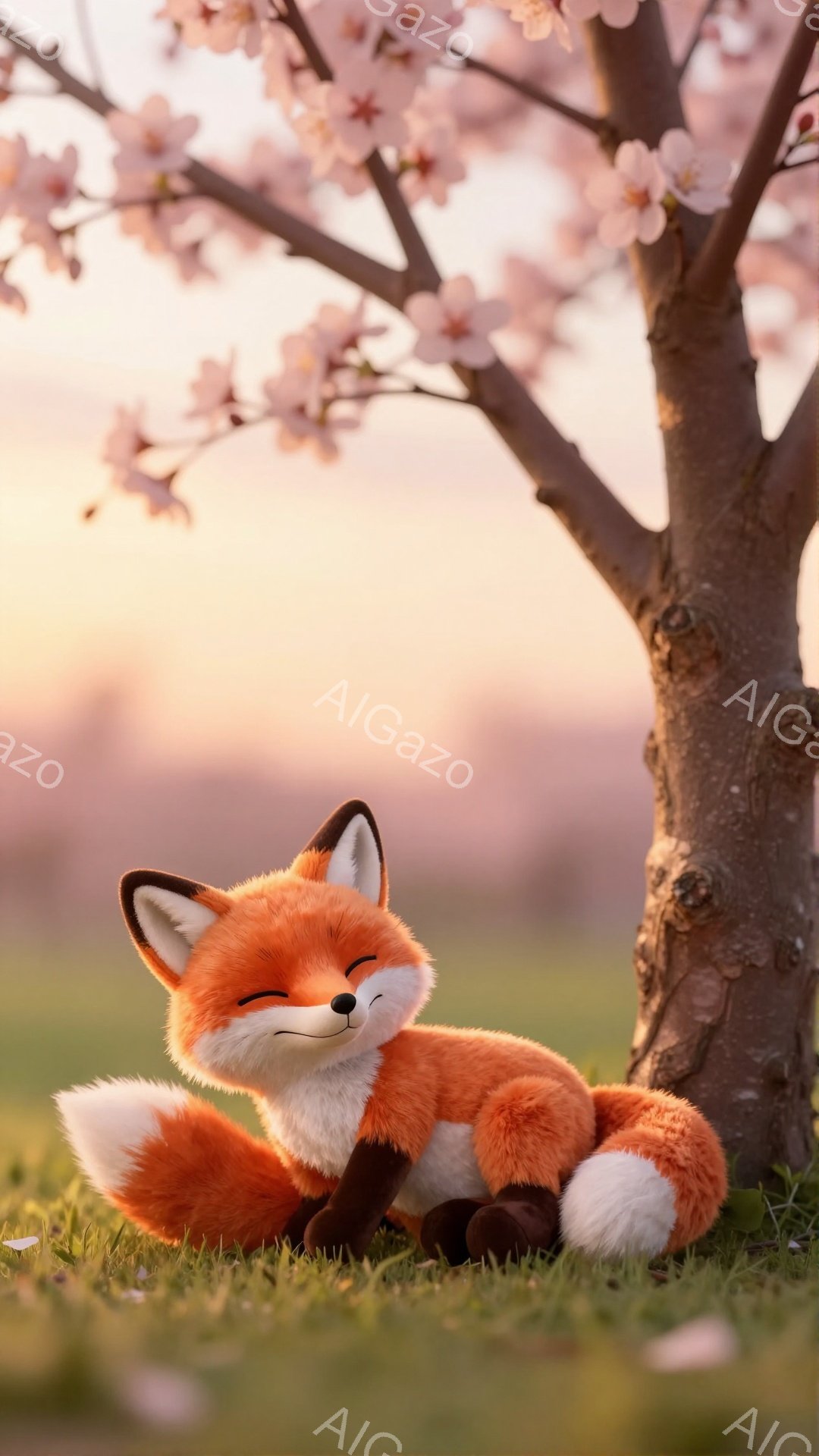 オレンジ色のキツネが草の上に丸まって眠っています。桜の木の根元で、穏やかで平和な雰囲気が漂っています。背景はぼかされており、柔らかいピンクとオレンジ色の光が差し込んでいます。