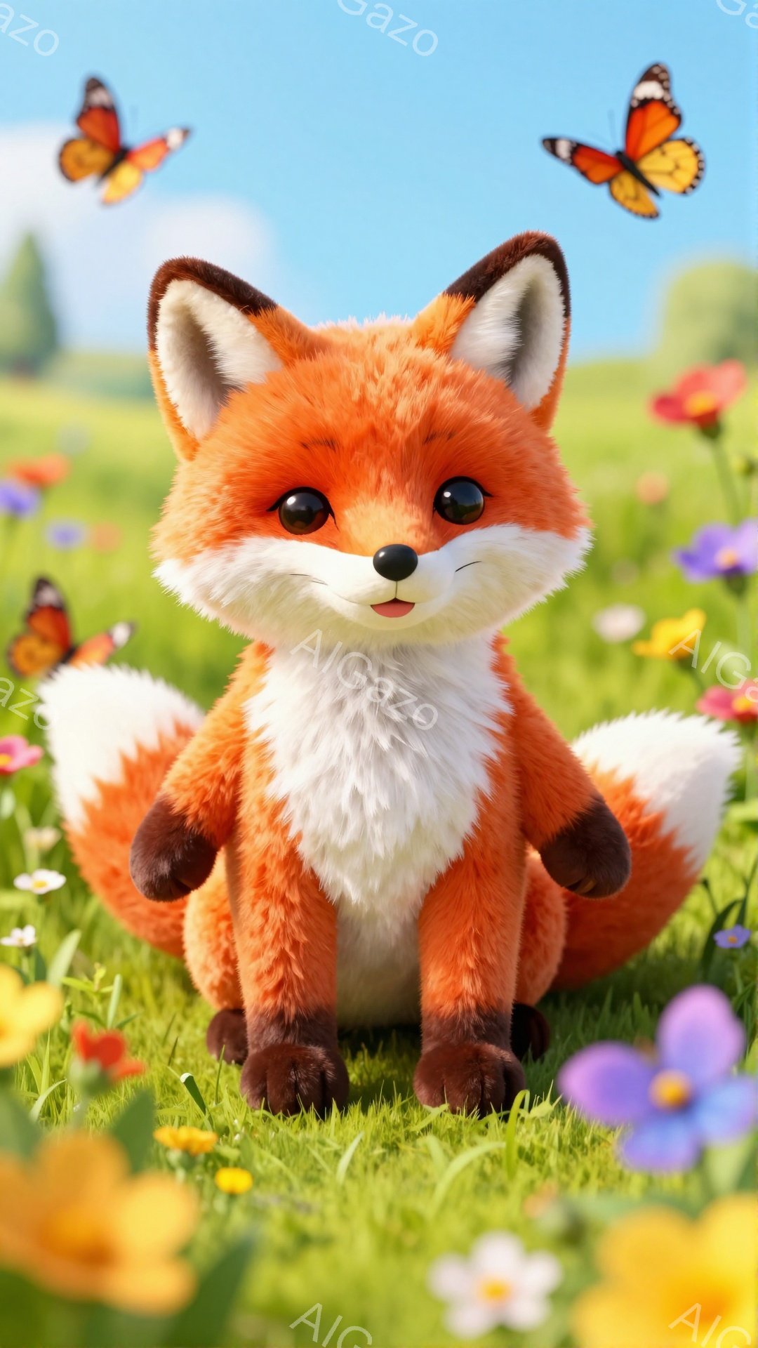 オレンジ色の毛並みをした小さなキツネが、緑豊かな草原に座っています。周りには色とりどりの花が咲き乱れ、蝶が舞っています。穏やかで平和な雰囲気の、可愛らしい光景です。
