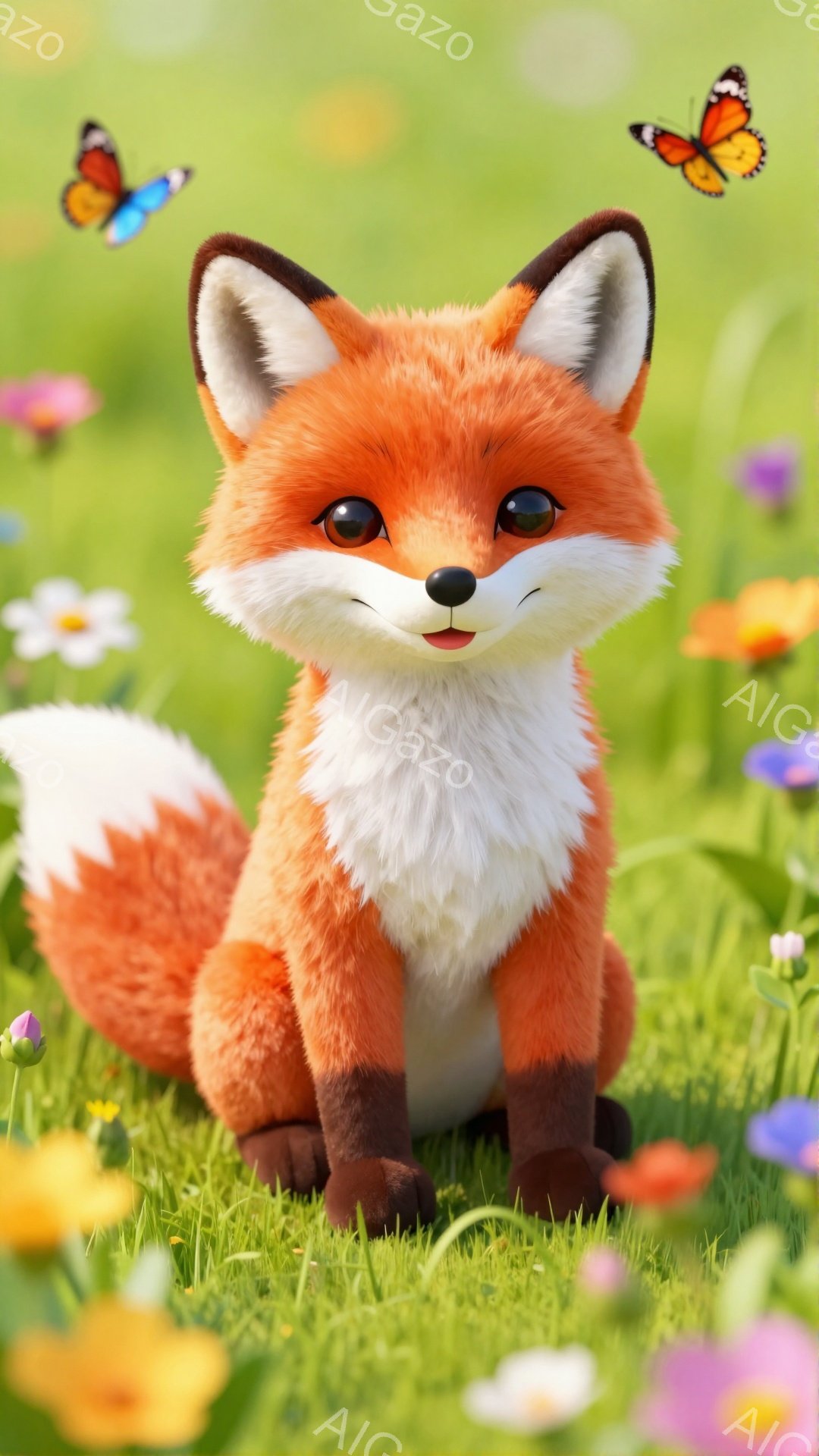 明るい緑の草原に、オレンジ色の毛並みの子ギツネが座っている。周りには様々な色の花が咲き乱れ、空には蝶が舞っている。暖かく穏やかな雰囲気の可愛らしい光景だ。 - AI生成フリー素材