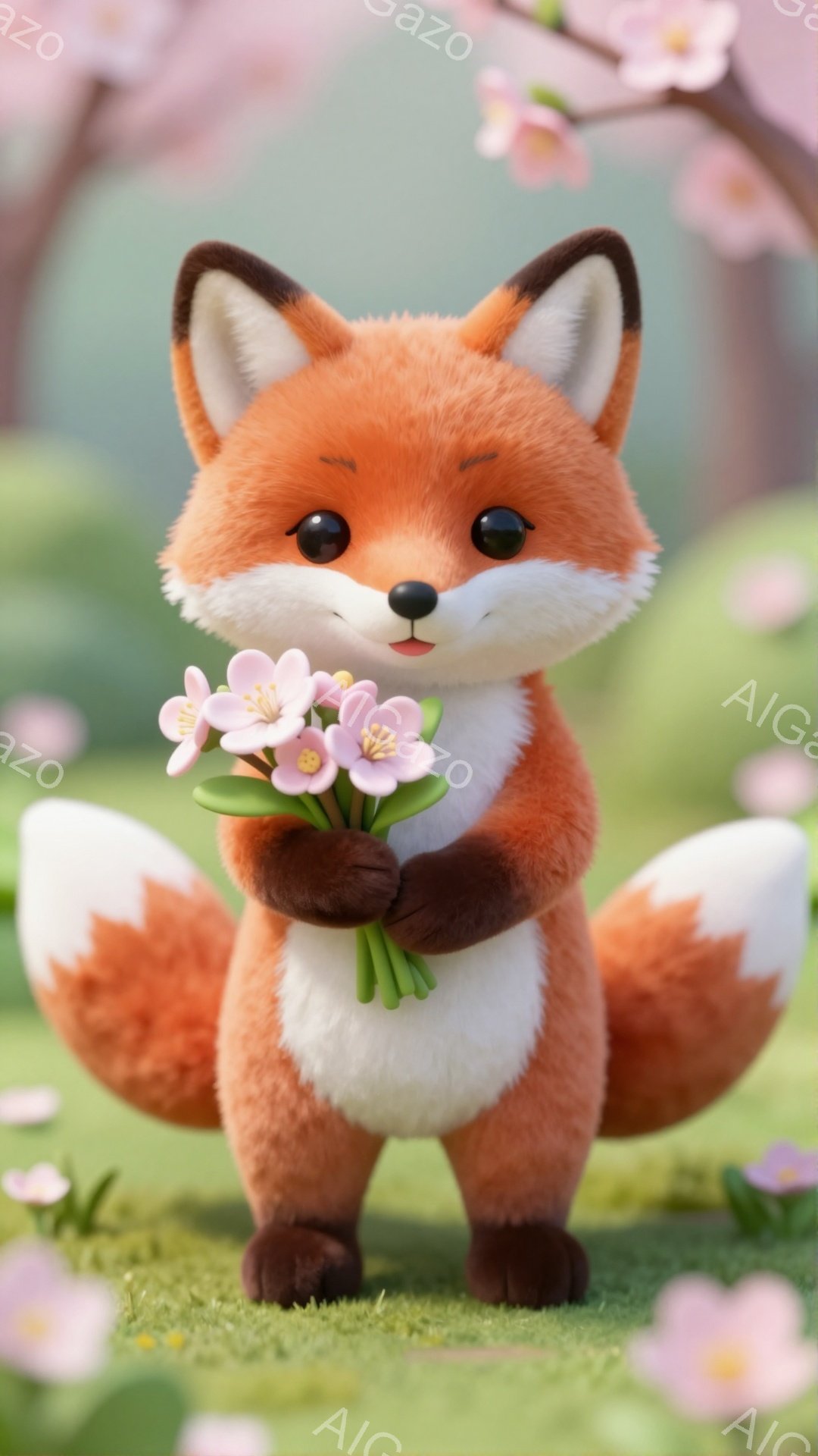 オレンジ色のキツネが、ピンク色の花束を抱えています。ふっくらとした体型で、笑顔が可愛らしく、緑の草原に咲く花々と共に春の暖かさを感じさせます。背景には桜の木が見え、全体的に優しい雰囲気です。 - AI生成フリー素材