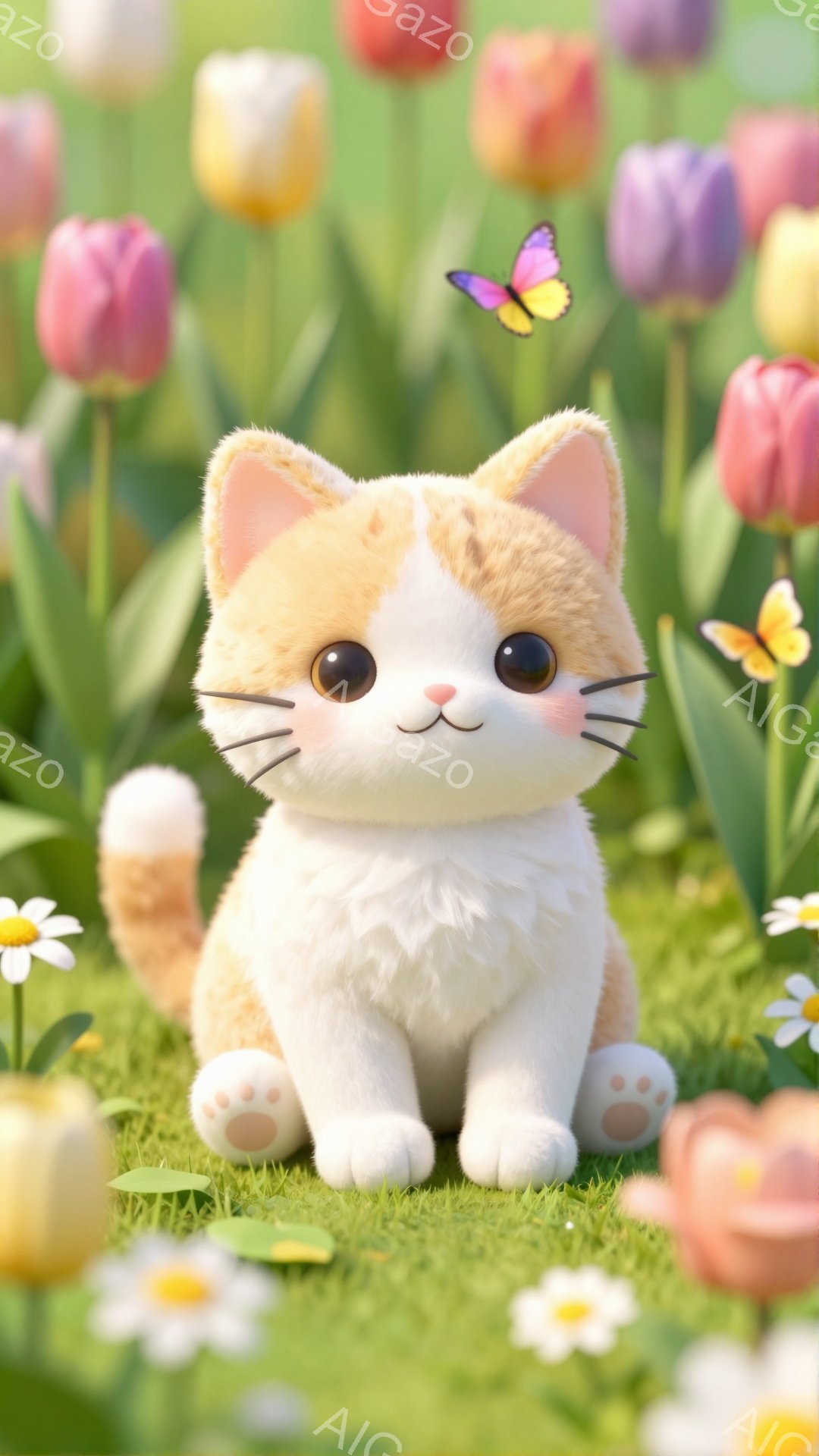 白とオレンジの毛並みが可愛らしい子猫が、緑豊かな草むらの上に座っています。周りには色とりどりのチューリップや小さな花が咲き、上空には蝶が舞っています。暖かく穏やかな雰囲気で、春の訪れを感じさせる可愛らしい光景です。