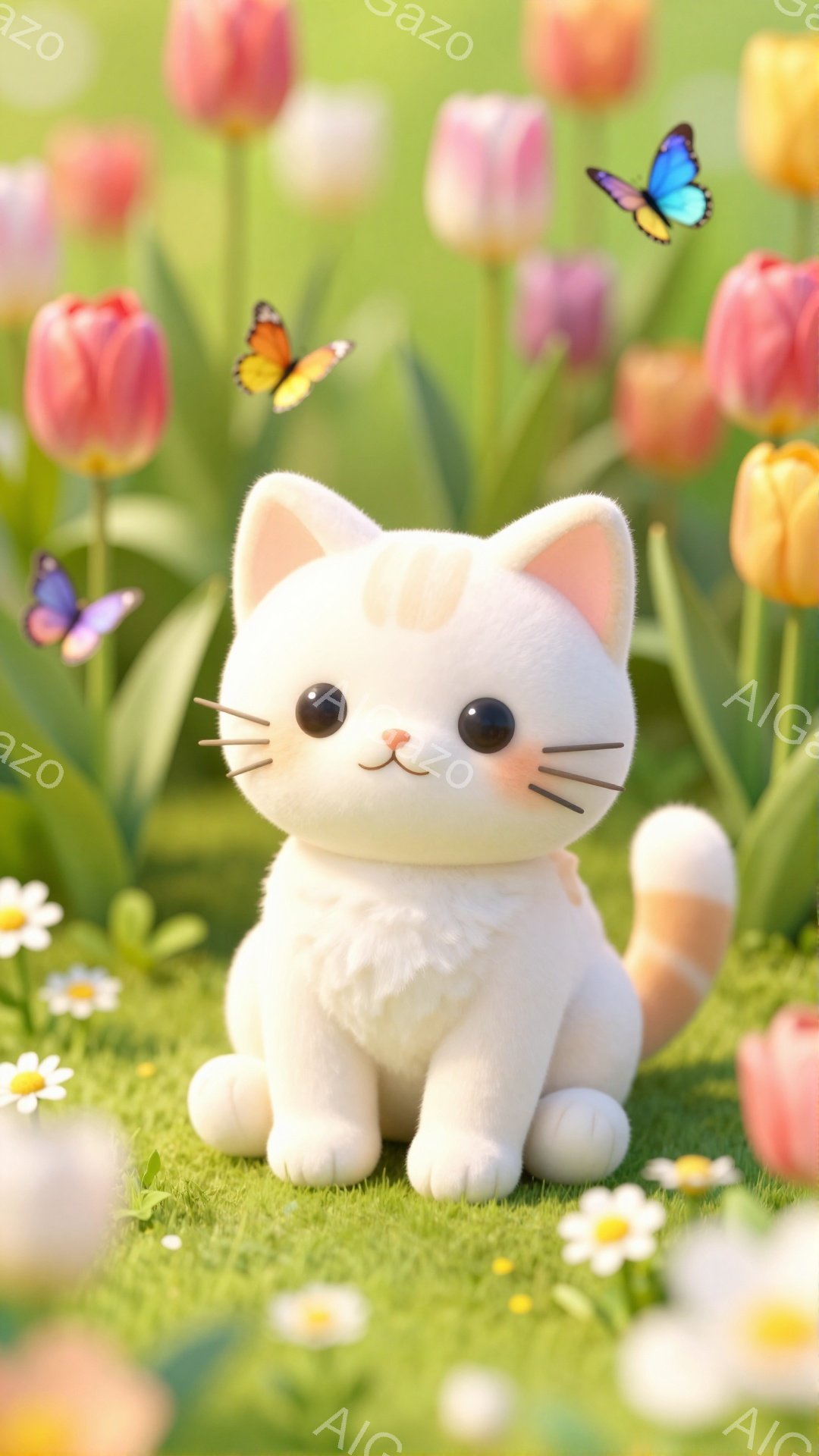 白くてふわふわの猫が緑の草の上に座っており、周りには色とりどりのチューリップが咲いています。蝶が猫の周りを飛び交い、暖かく穏やかな春の日の雰囲気を醸し出しています。猫は丸い目をしていて、とても可愛らしい印象を与えます。