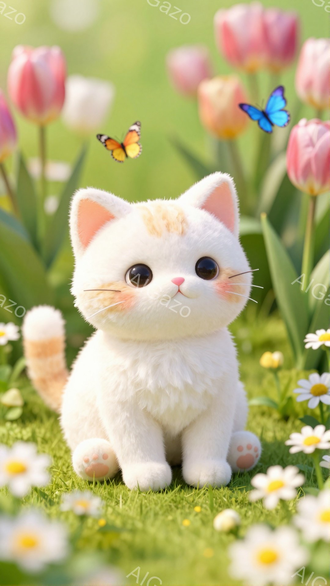 白い子猫が緑の草むらの中で、ピンクと白のチューリップに囲まれて座っています。蝶が2匹舞っており、子猫は丸い目でこちらを見ています。春らしい柔らかい雰囲気で、可愛らしい光景です。