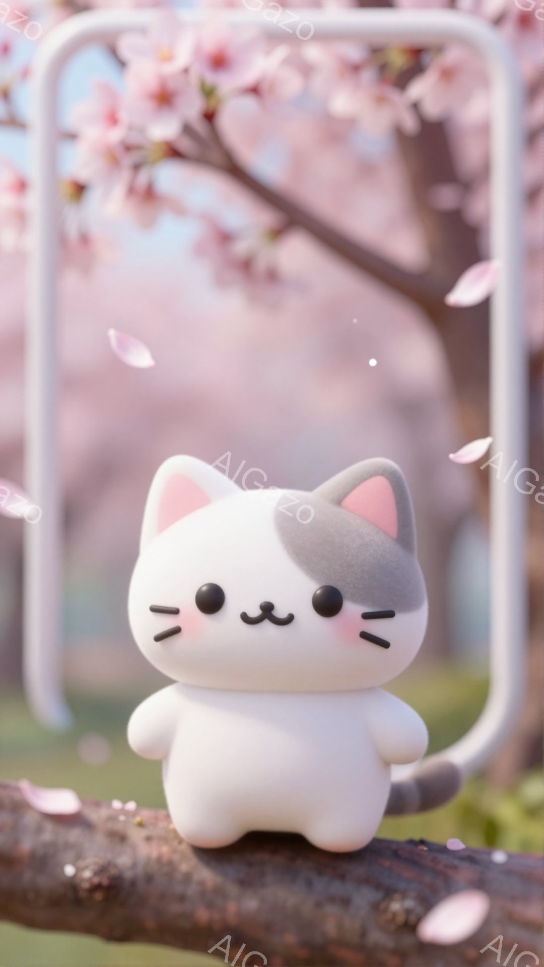 白くて丸い猫が木の枝に座っており、ピンク色の桜の花びらが舞っている。猫はつぶらな瞳で正面を見ており、可愛らしい表情をしている。背景はぼやけたピンク色で、春らしい優しい雰囲気が漂っている。