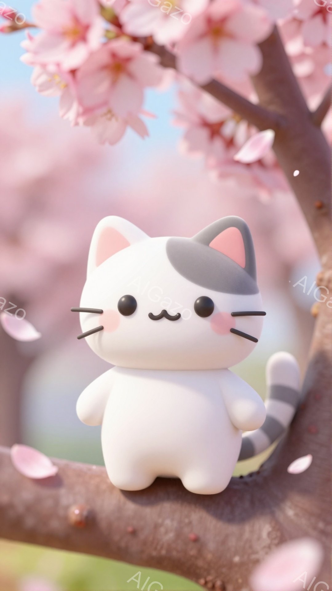 白い猫が桜の木の枝にとまっています。つぶらな瞳と小さな口が可愛らしく、春の暖かな日差しの中でリラックスした雰囲気です。背景には桜の花びらが舞い散り、春の訪れを感じさせます。