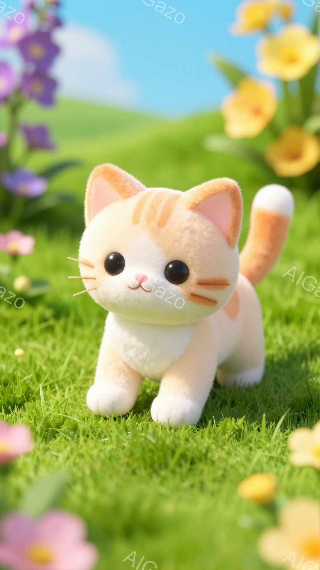 柔らかい毛並みのキジトラ猫が、緑の草の上に立っています。つぶらな瞳と小さな鼻が可愛らしく、優しい雰囲気を醸し出しています。背景にはピンクと黄色の花が咲き、春らしい穏やかな光景が広がっています。