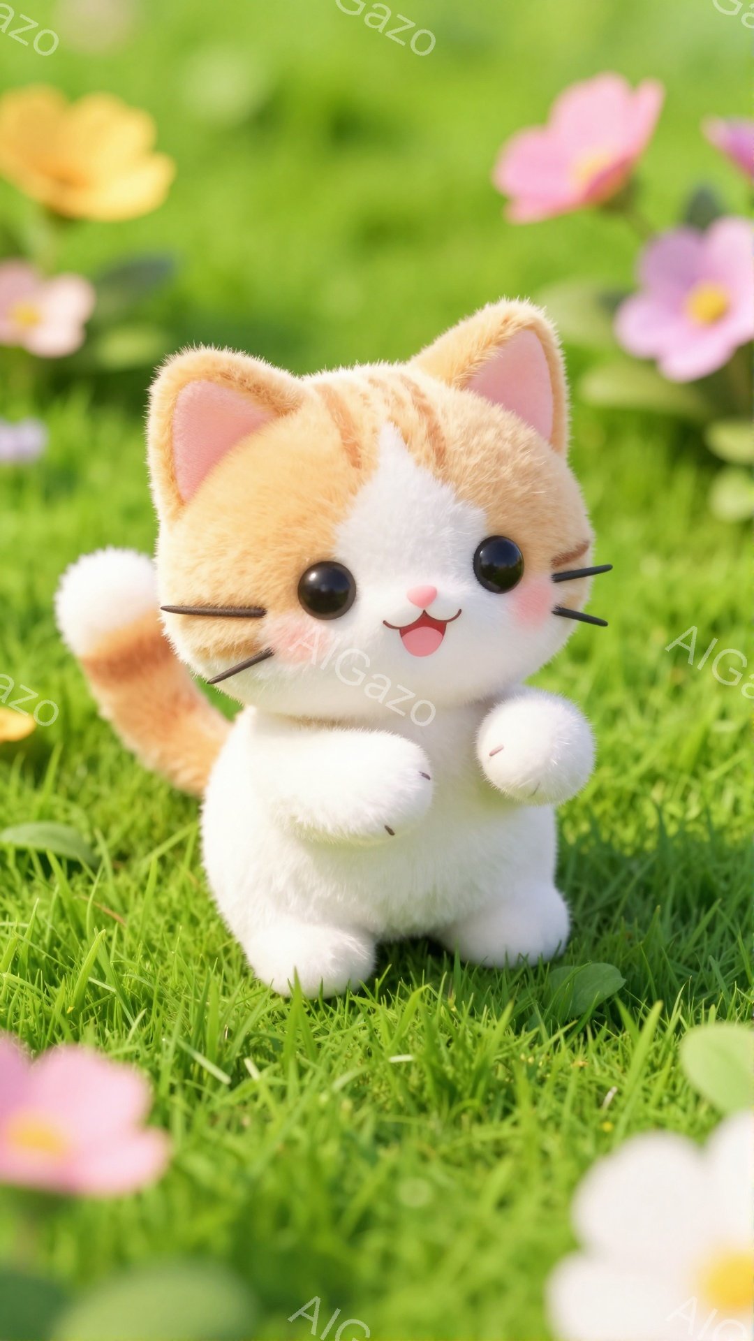 ふわふわのオレンジと白の猫が緑の草の上に立っています。元気いっぱいの表情で、小さな前足を上げて何かを期待しているようです。背景にはピンクと黄色の花が咲き、春らしい穏やかな雰囲気です。
