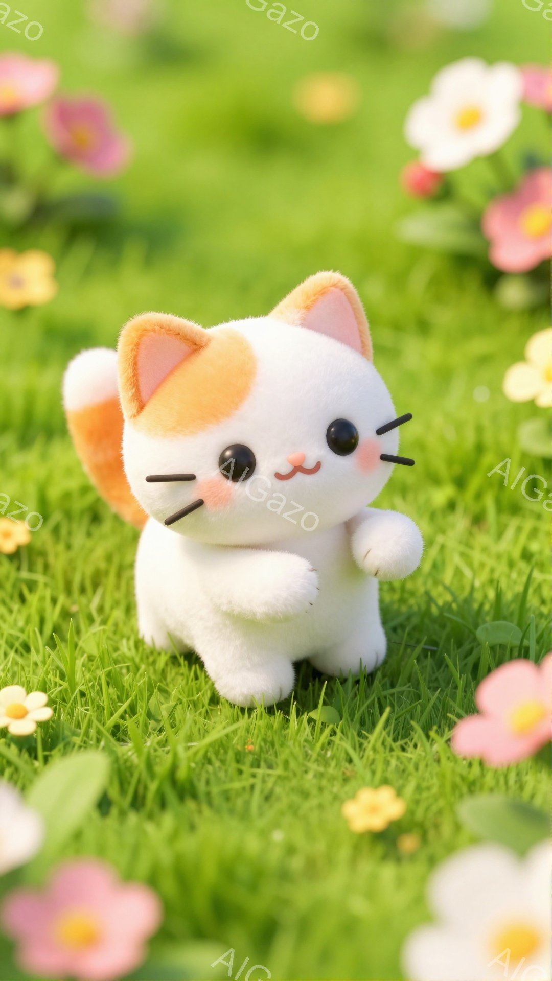 緑の草むらの中に、オレンジと白の猫のぬいぐるみが座っています。つぶらな瞳と桃色の頬が可愛らしく、春らしい穏やかな雰囲気を醸し出しています。周りには小さな花々が咲き乱れ、暖かく優しい印象を与えます。