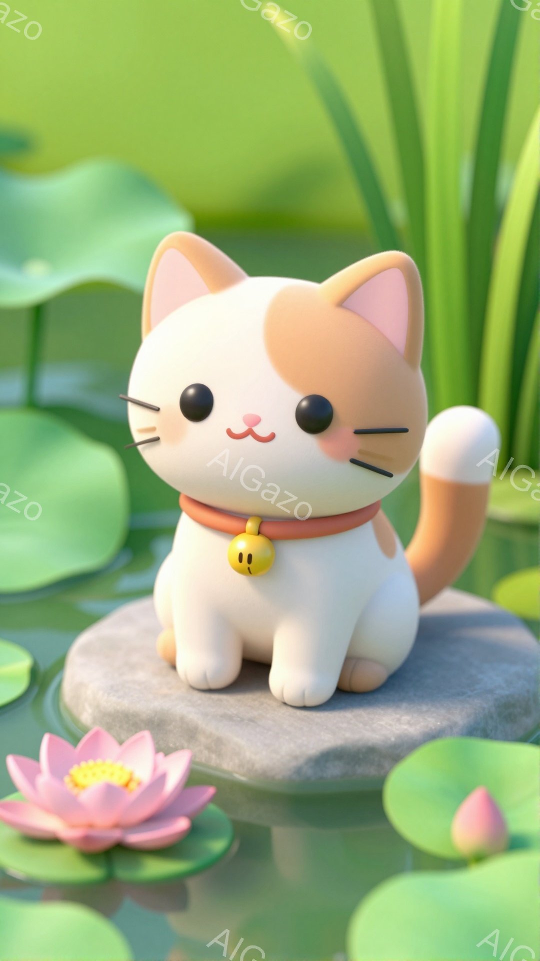 柔らかいピンクと白の猫が、蓮の葉の上に座っています。首輪には小さな黄色いチャームが付いており、穏やかな表情でこちらを見つめています。背景には、緑の蓮の葉とピンク色の蓮の花が咲き、静かで平和な雰囲気を醸し出しています。