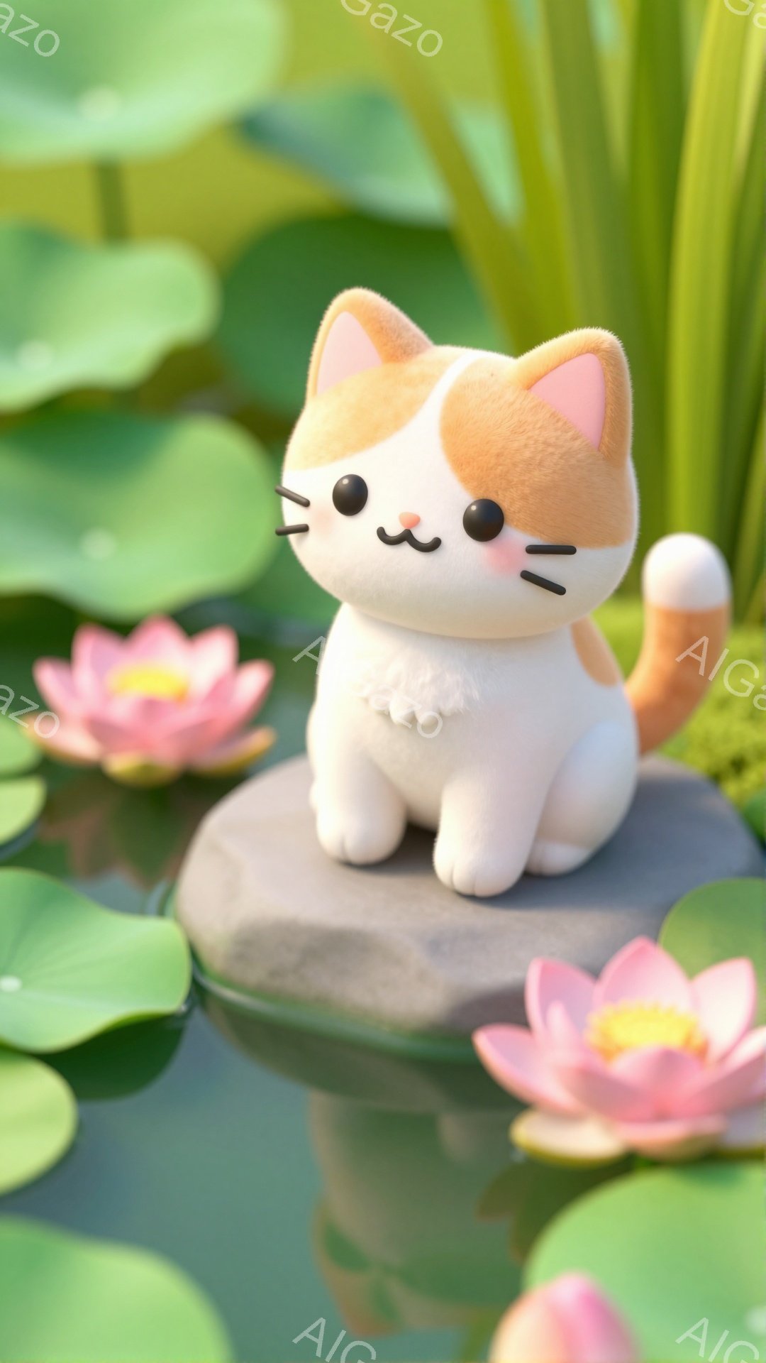 蓮の葉の上に座っている、可愛らしい三毛猫が描かれています。つぶらな瞳とピンクの鼻が特徴で、穏やかな表情をしています。周囲にはピンク色の蓮の花が咲き、水面が穏やかに広がっています。