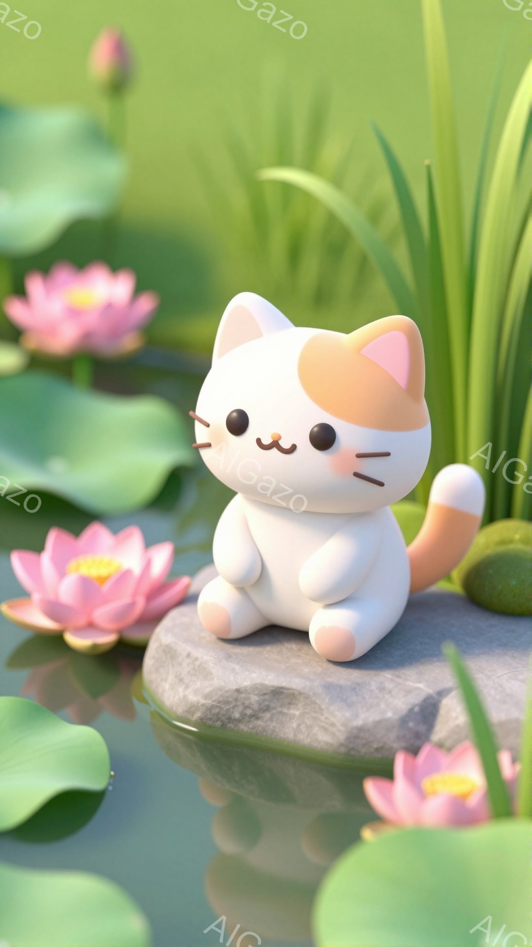 ピンク色の蓮の花が咲き誇る池の上に、可愛らしい子猫が座っています。白を基調とした体にオレンジと茶色の模様があり、丸くて優しい表情をしています。穏やかで夢のような雰囲気の、夏の日の光景です。