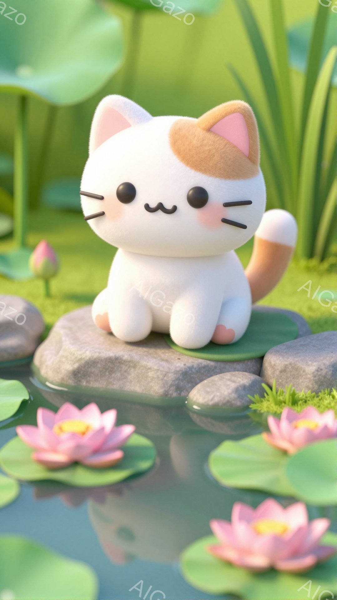 白とオレンジの猫が水面に浮かぶ蓮の葉の上に座っています。ピンク色の蓮の花が周りに咲き、穏やかで可愛らしい雰囲気を醸し出しています。背景には緑の植物が見え、水面が光を反射してキラキラと輝いています。