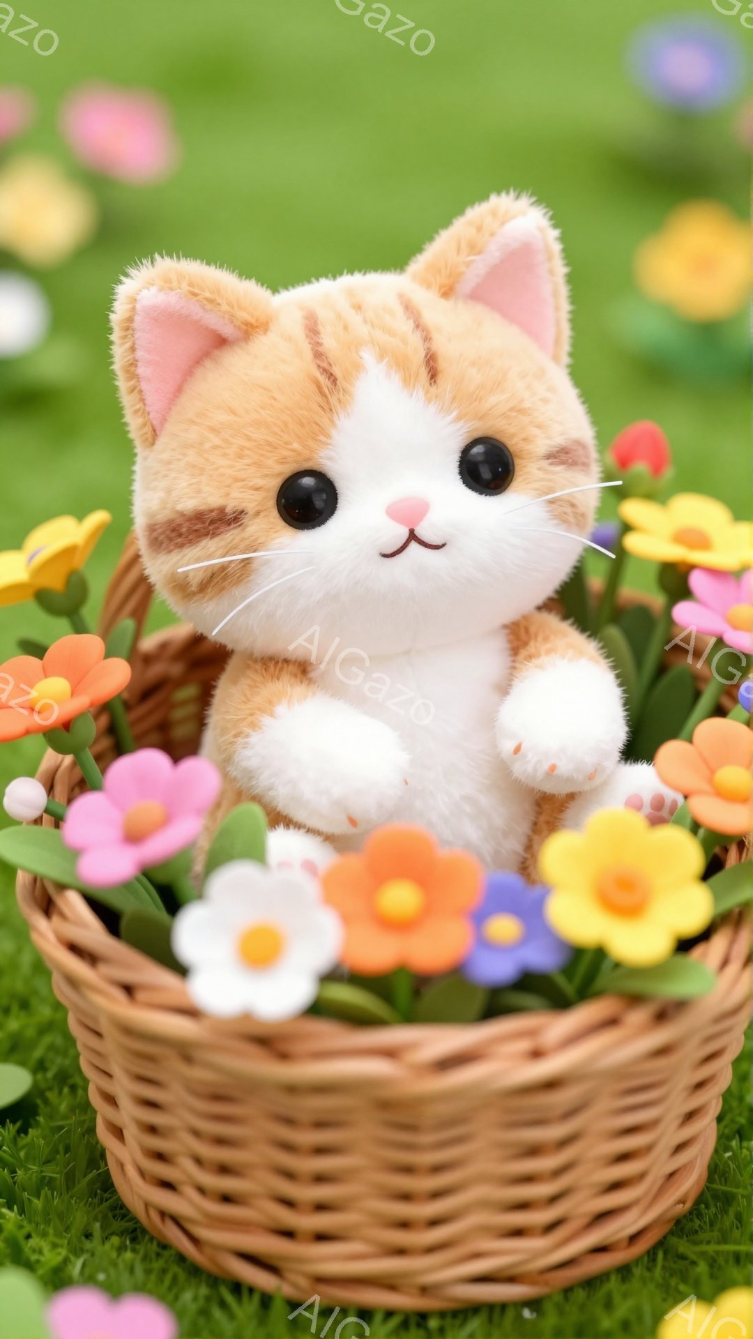 明るい緑の草の上に、編まれたバスケットがあり、中にオレンジ色の毛並みの小さな子猫が座っています。子猫は前足を少し上げて、好奇心と優しさにあふれた表情でこちらを見ています。バスケットの周りには、カラフル - AI生成フリー素材