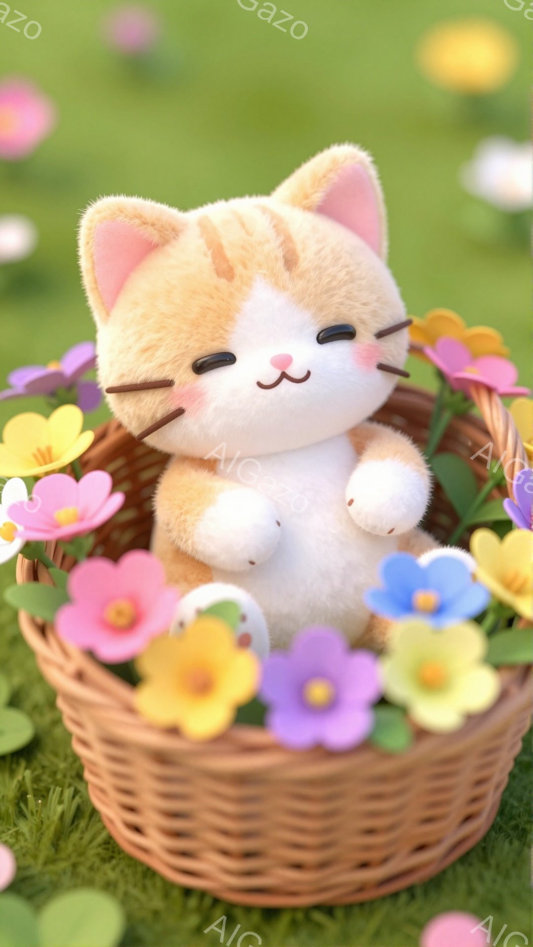 柔らかいクリーム色の猫が、花でいっぱいのバスケットに座っています。猫はピンクの鼻と、嬉しそうな穏やかな表情をしています。背景は緑の草で、暖かく可愛らしい雰囲気です。