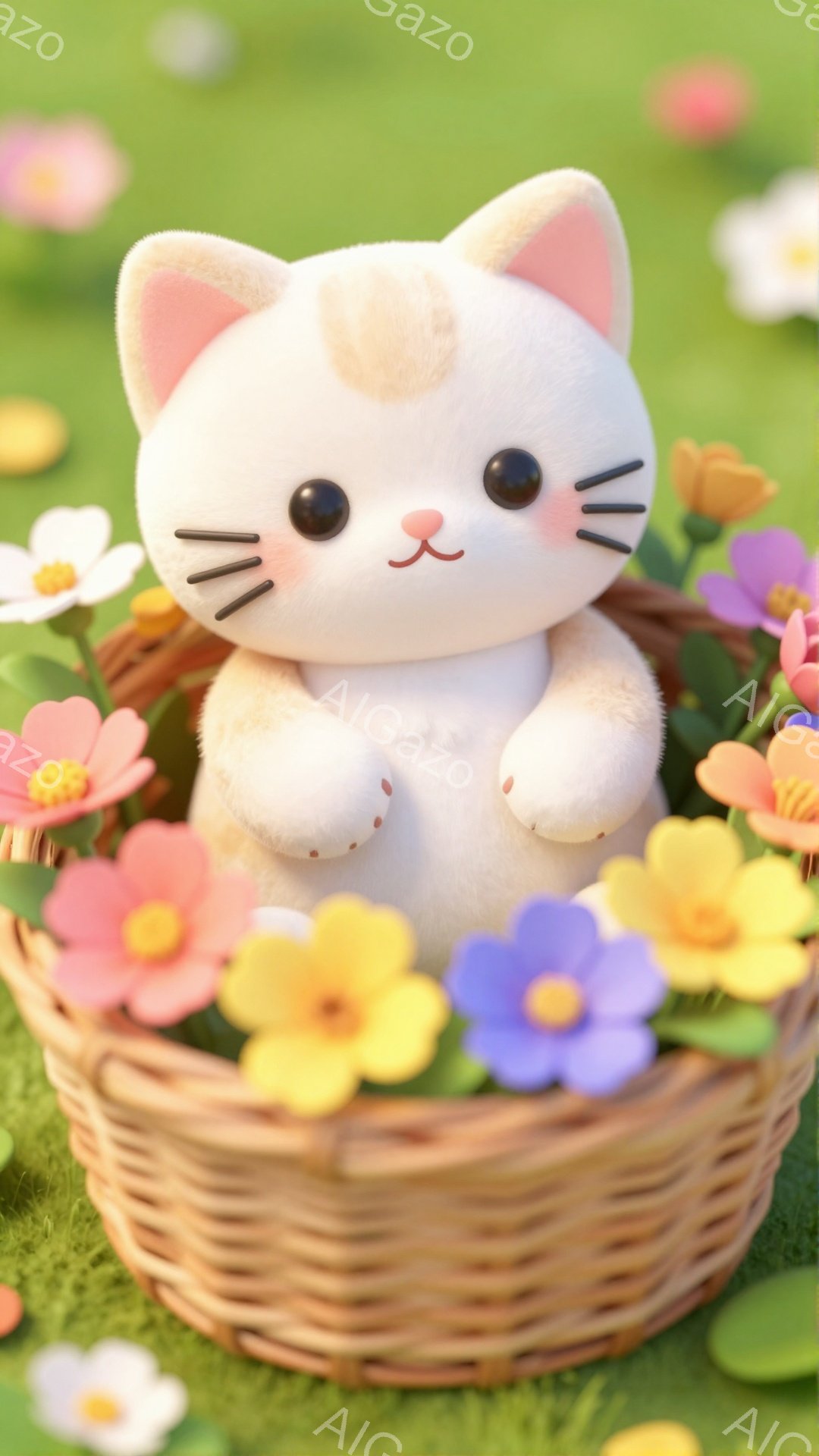 白い子猫がバスケットの中に座っており、周りには色とりどりの花が咲き乱れています。猫は微笑んでおり、可愛らしい表情が特徴的です。背景は緑の草で、春の暖かな雰囲気が感じられます。