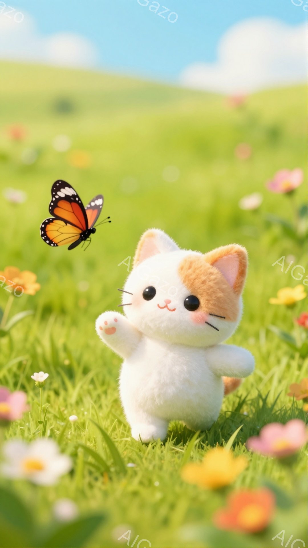 緑の草原で、オレンジと白の猫が蝶を追いかけています。猫は愛らしい表情で、小さな手足を駆使して蝶に近づこうとしています。背景には色とりどりの花が咲き乱れ、春の暖かな雰囲気を演出しています。