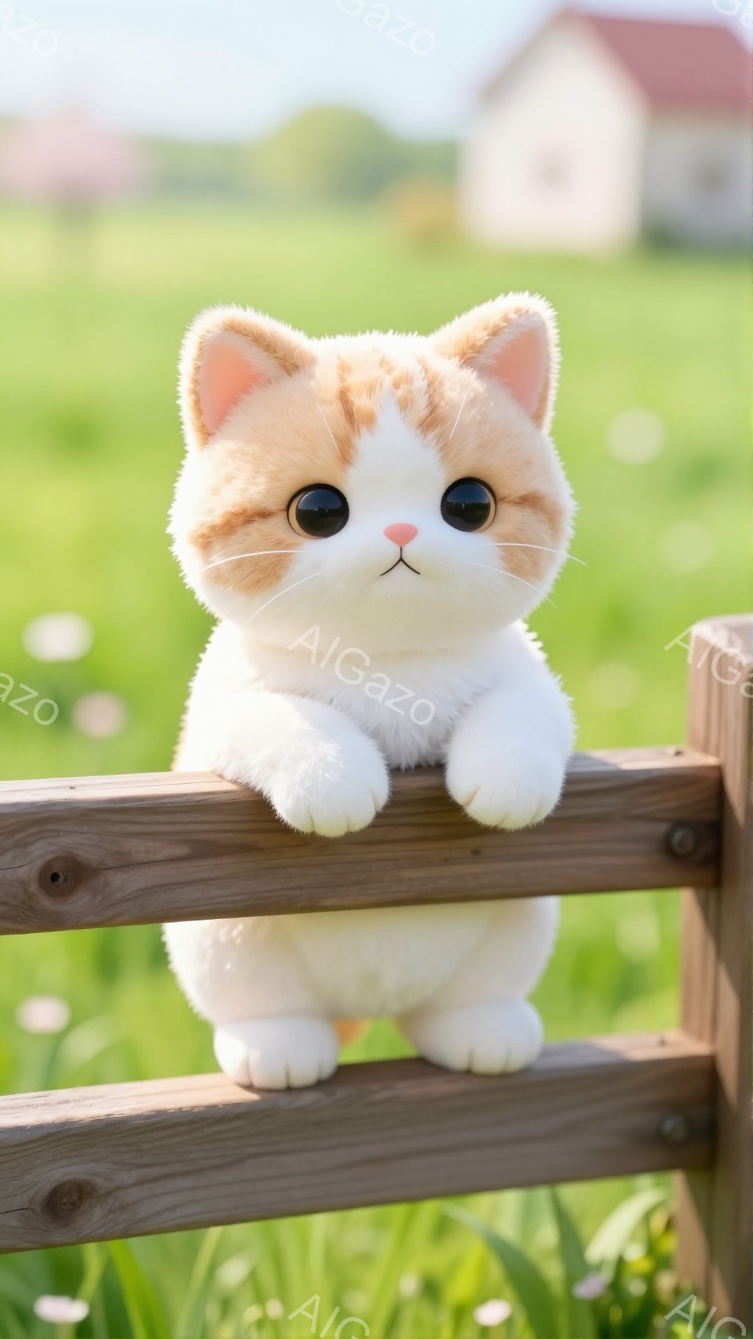 ふわふわのオレンジと白の猫が、木の柵の上でこちらを見下ろしています。緑豊かな背景と柔らかな光が、温かく可愛らしい雰囲気を醸し出しています。猫の大きな瞳と丸いフォルムが、見ている人の心を掴みます。