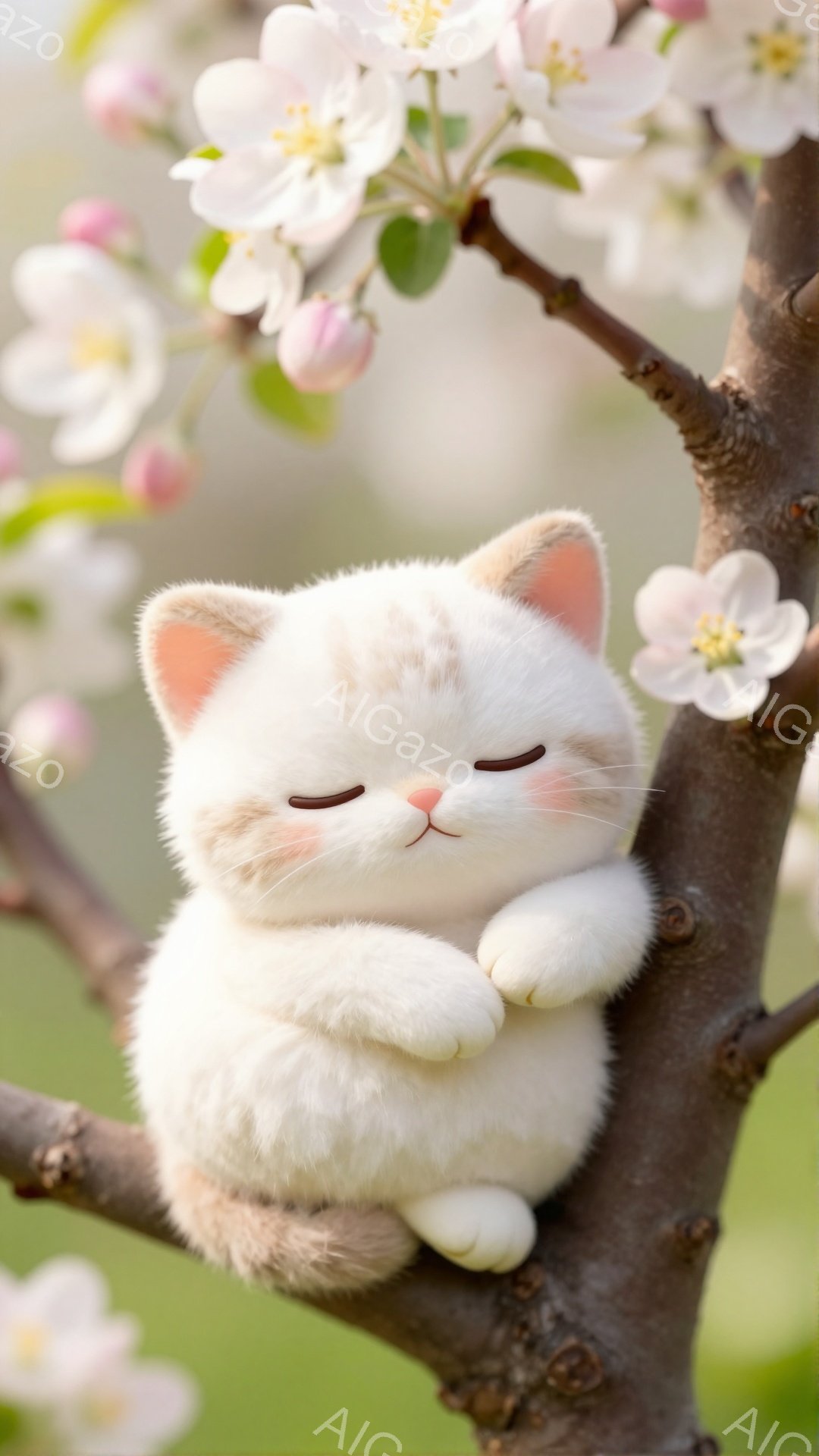 ふわふわの白い子猫が桜の枝に寄りかかって眠っています。子猫は目を閉じ、穏やかな表情で、春らしい優しい雰囲気を醸し出しています。背景にはぼやけた桜の花が咲き誇り、暖かく平和な光景です。