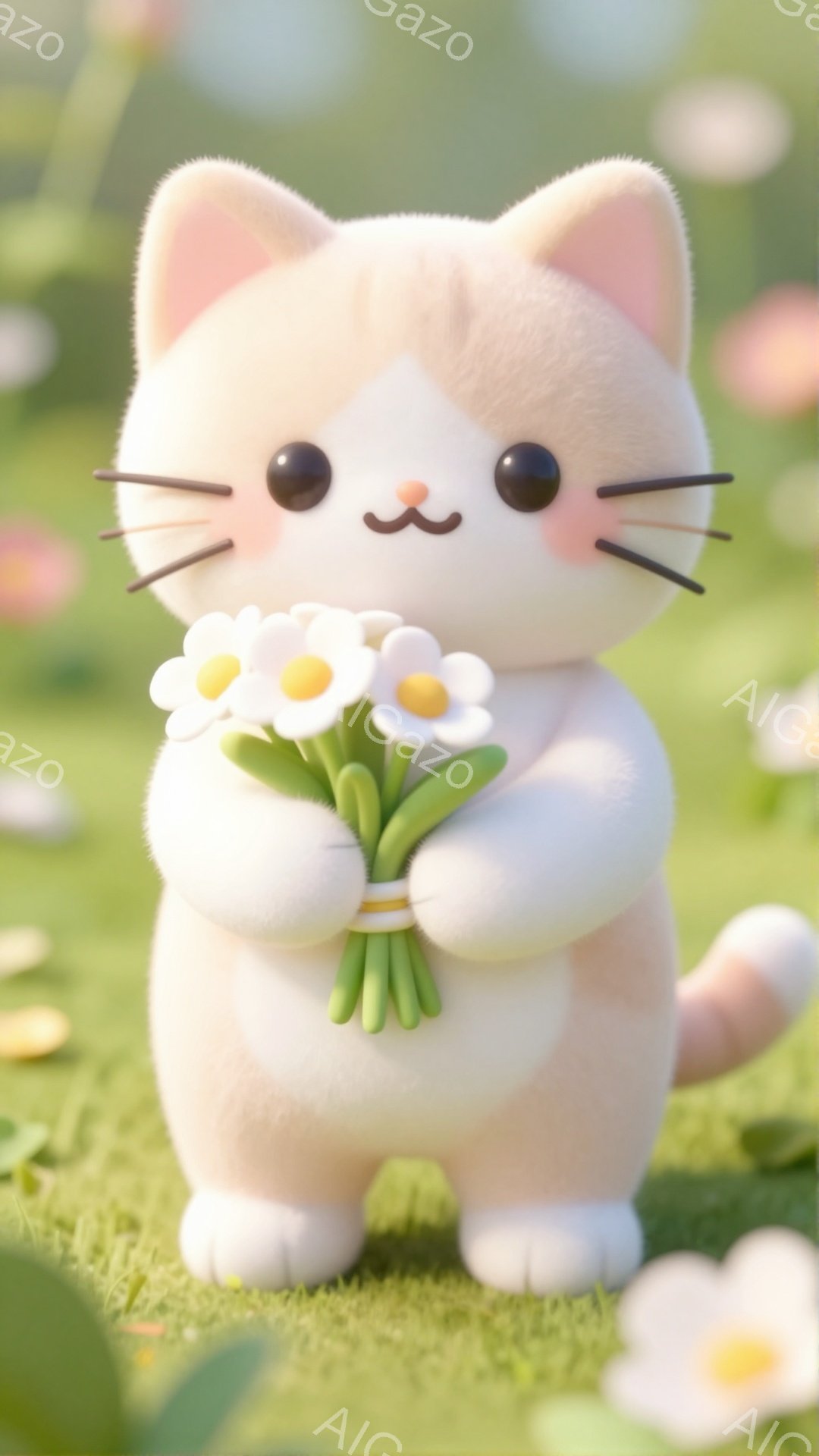白い子猫が花束を抱えています。柔らかい緑色の草の上に立っており、背景にはぼやけた花が咲いています。全体的に暖かく、優しい雰囲気です。 - AI生成フリー素材