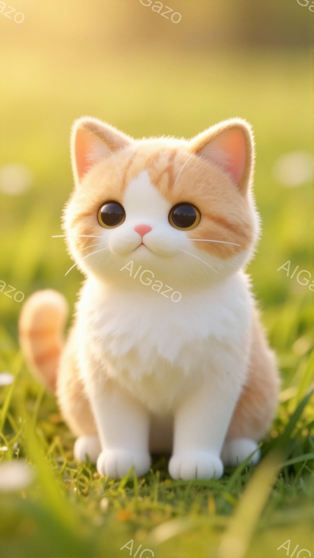 草原に座っている、ふわふわのオレンジと白の猫です。大きな瞳と小さなピンクの鼻が愛らしい表情を見せています。背景は緑豊かで、暖かい日差しが猫を照らしています。
