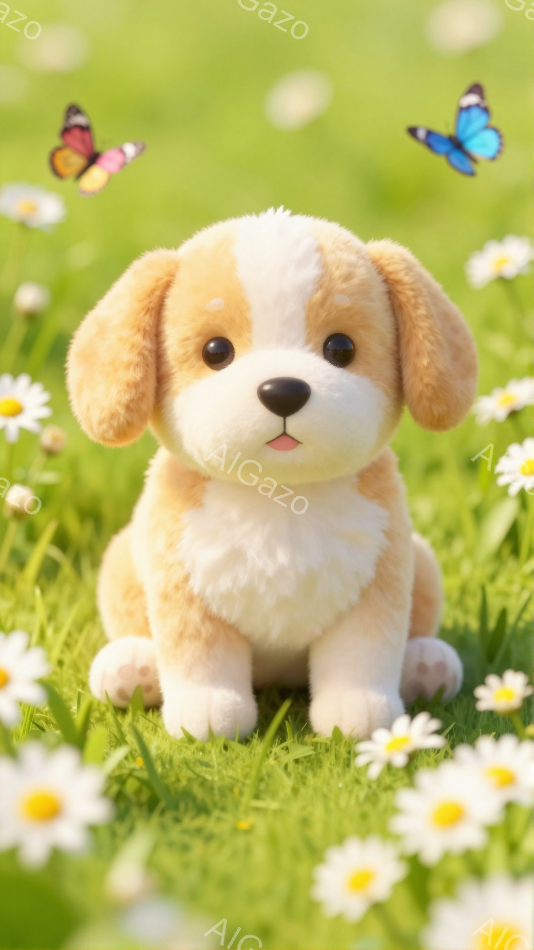 緑の草原で、子犬が前に座ってこちらを見ている。周りには白いデイジーの花が咲き乱れ、蝶が舞っている。柔らかい光が暖かく、平和な雰囲気を演出している。