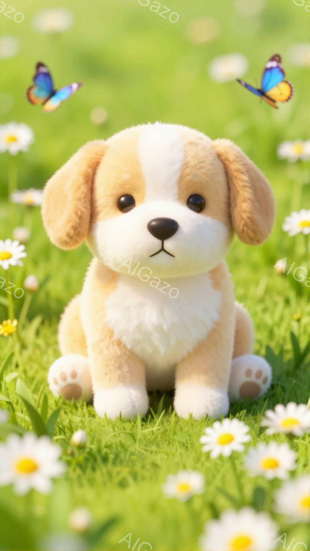 緑の草の上に、ふわふわのクリーム色のパピーが座っています。 周りには白いデイジーが咲き乱れ、蝶が舞い、暖かい春の日の穏やかな雰囲気が漂っています。 パピーは前を見つめ、とても可愛らしい表情をしています。