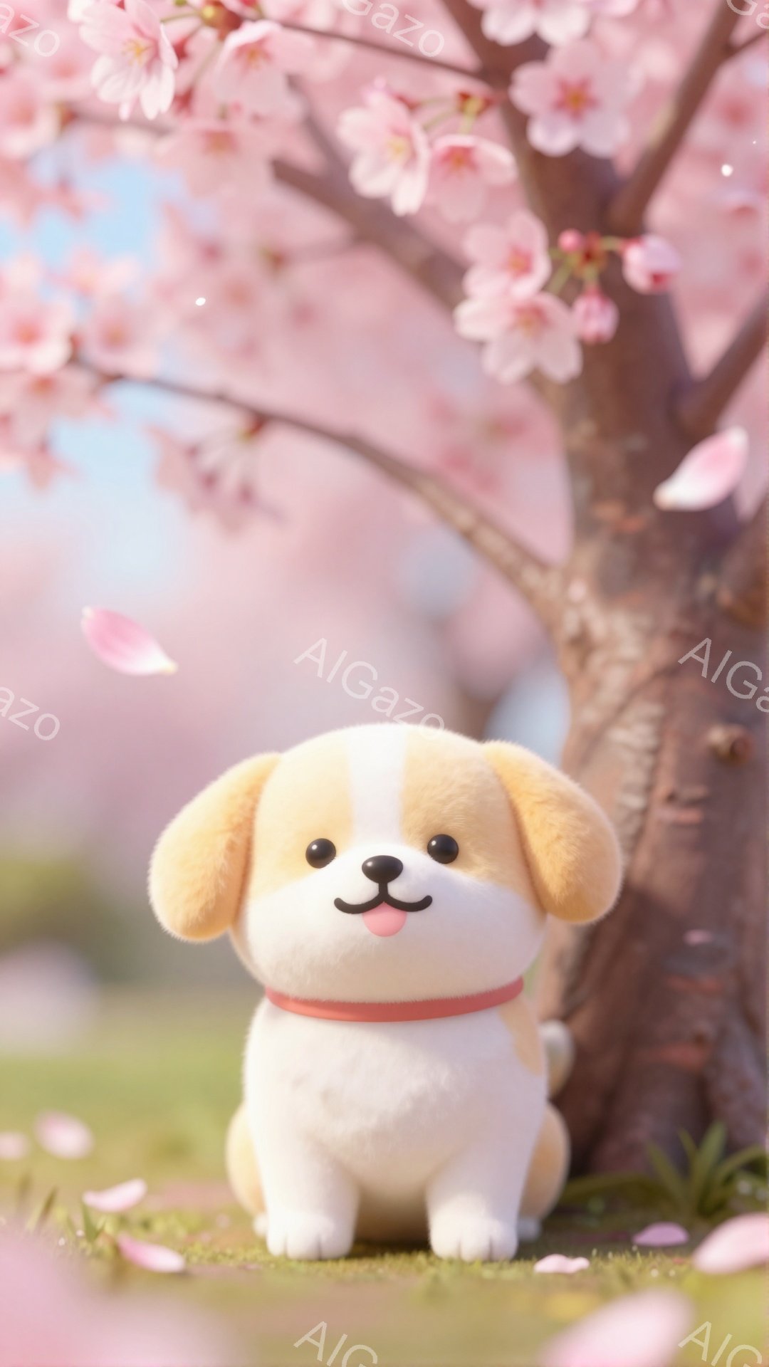 小さくて可愛い犬が桜の木の下で座っています。ピンク色の桜の花びらが舞い散り、春の暖かい雰囲気を醸し出しています。犬は笑顔で、とても愛らしい姿をしています。 - AI生成フリー素材