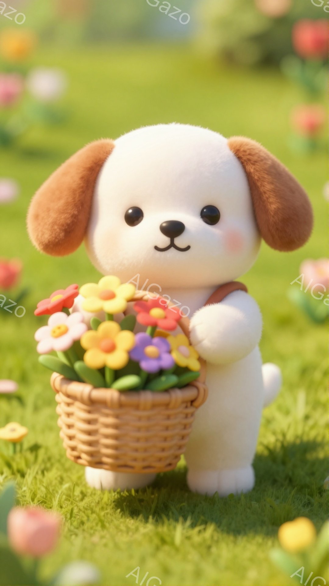 白くてふわふわした子犬が、花が入ったバスケットを抱えています。つぶらな瞳とピンクの鼻が可愛らしく、緑豊かな草原の中にいる様子が春らしい雰囲気を醸し出しています。暖かく穏やかな光が、子犬と花々を優しく照らしています。