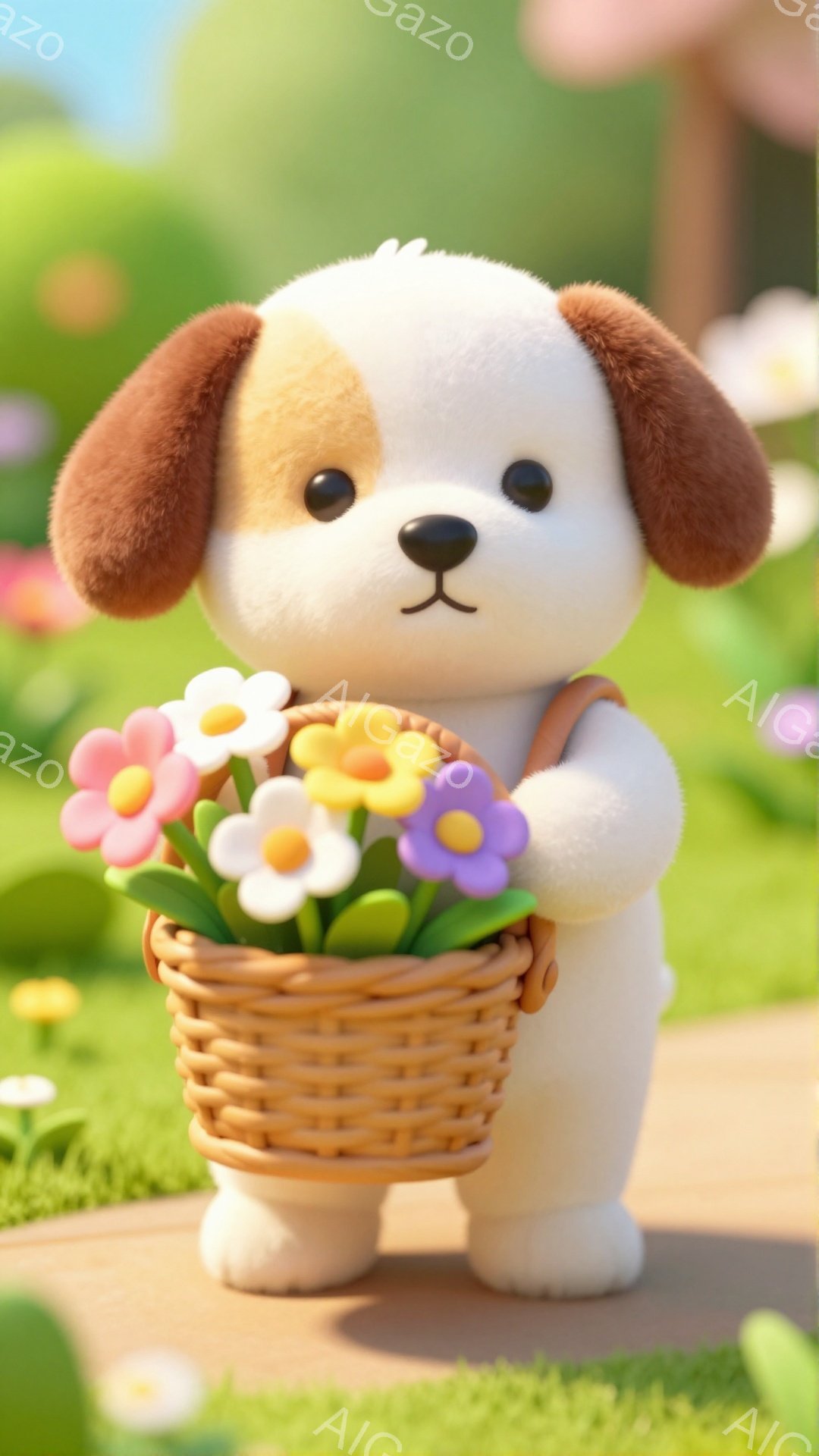白と茶色の毛並みの可愛い犬が、花が一杯入った籠を抱えています。緑の芝生と花畑が広がる明るい背景が、犬の愛らしさをさらに引き立てています。穏やかで優しい雰囲気が感じられます。
