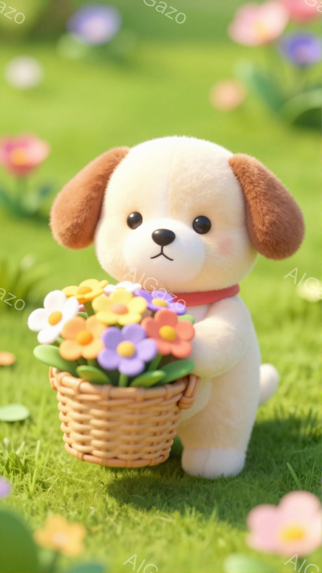 小さな子犬が花をいっぱいに詰めたバスケットを持っています。ピンクと黄色の花々が咲き乱れる緑の草原に立っており、赤い首輪をつけています。可愛らしい表情と暖かい雰囲気で、春の訪れを感じさせます。