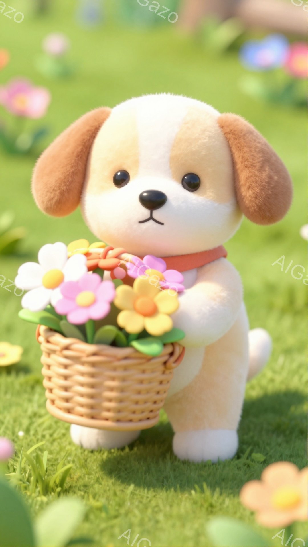 ふわふわのクリーム色の犬が、花が入ったバスケットを抱えています。ピンクと黄色の花がカラフルで、緑の草の上で幸せそうに立っています。可愛らしい表情と優しい雰囲気が特徴です。