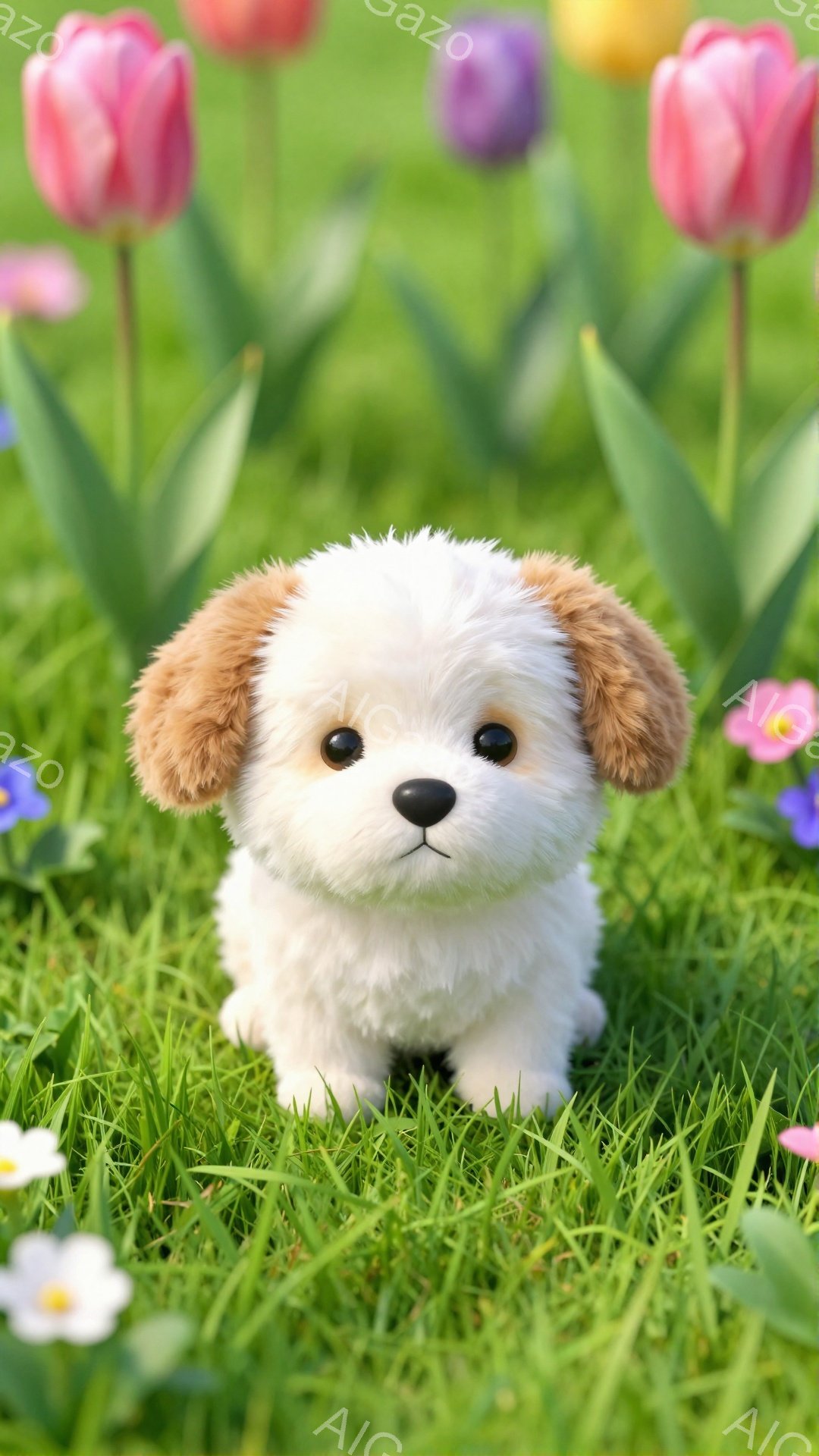 ふわふわの白い毛並みの子犬が緑の草の上に座っています。周りには色とりどりのチューリップが咲き、春らしい穏やかな雰囲気が漂っています。子犬は好奇心旺盛な表情で、何かを見つめているようです。