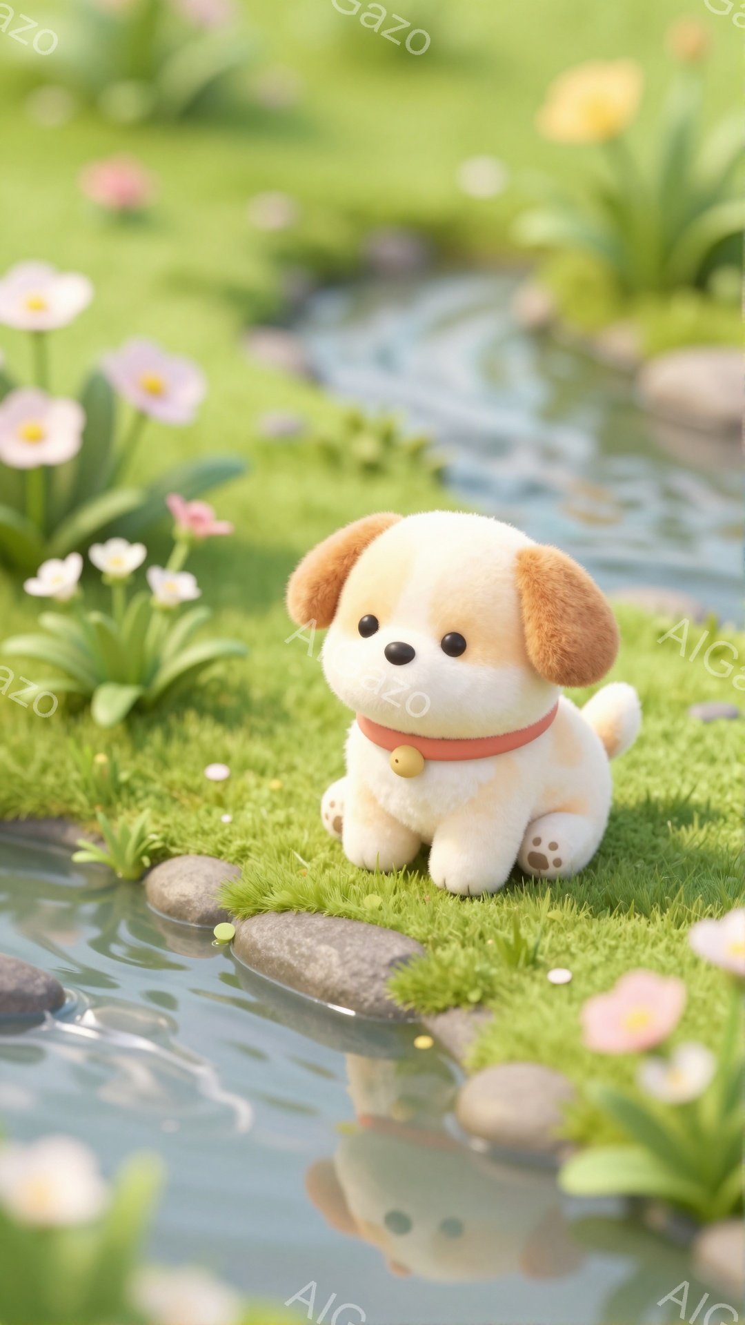 小さなクリーム色の犬が緑の草地のそばで立っています。赤い首輪をつけており、大きく丸い瞳で愛らしい表情をしています。背景には色とりどりの花が咲き、穏やかな小川が流れており、優しい雰囲気が漂っています。