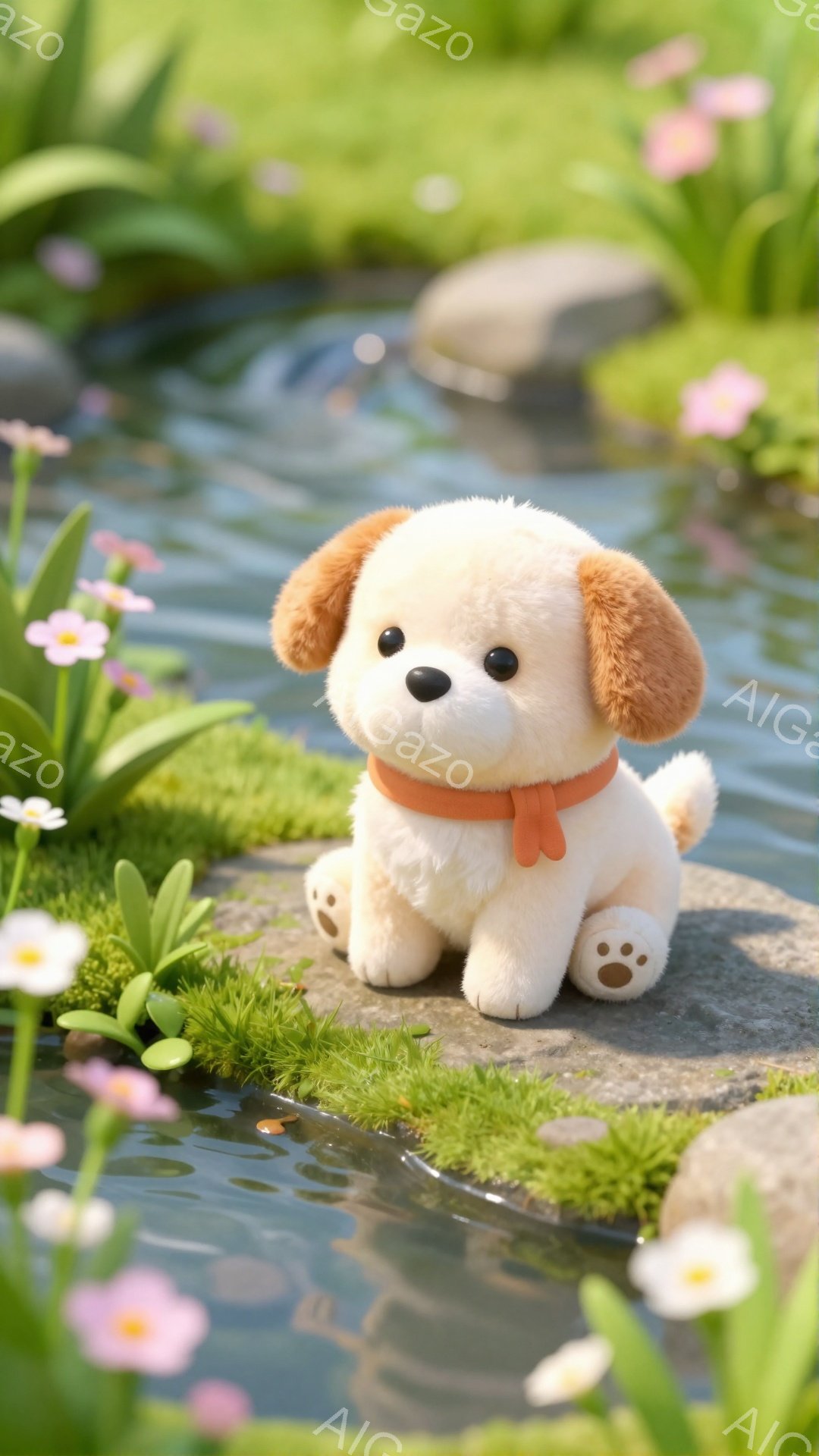 小さな犬が岩の上に座っています。周りには草が生え、可愛らしい花が咲き乱れています。水面は穏やかで、犬の姿を映し出しています。