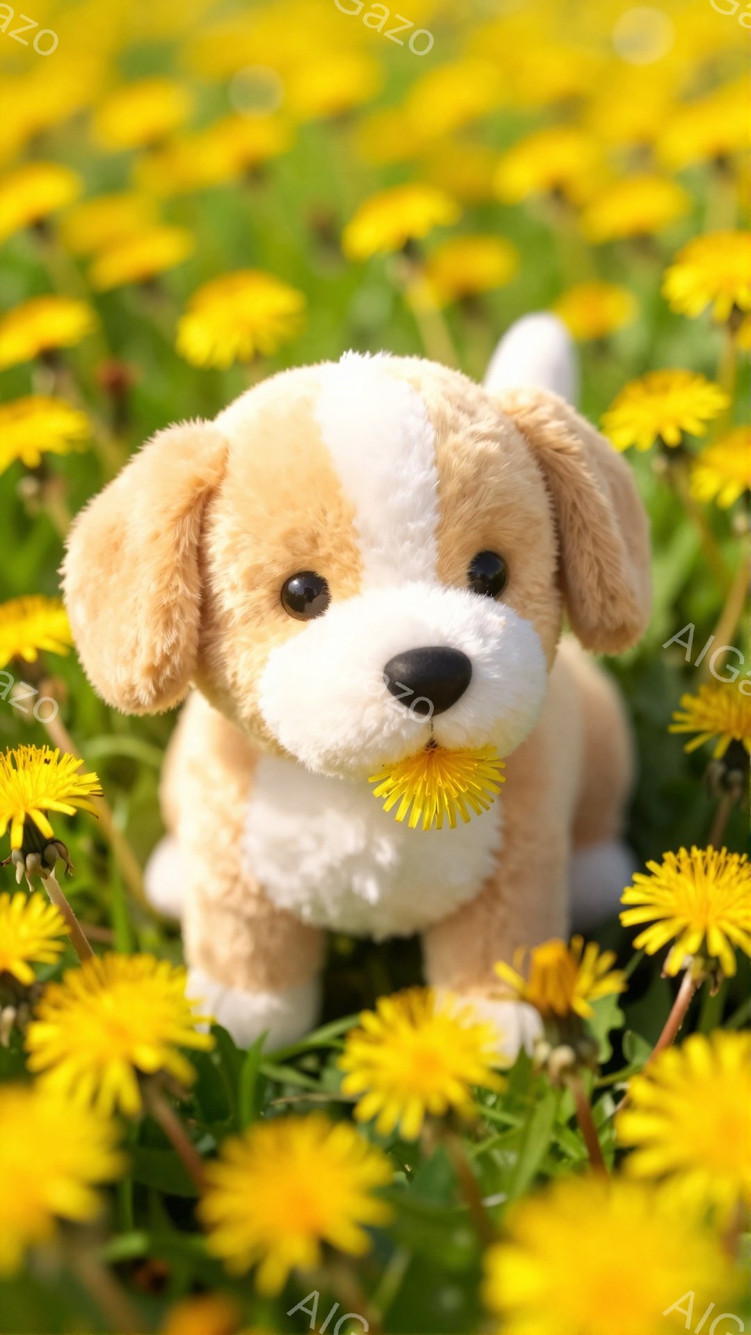 柔らかい毛並みのタン色のパピーが、タンポポ畑の中に座っています。小さな顔には可愛らしい表情が浮かび、まるで春の妖精のようです。背景には黄色いタンポポが咲き乱れ、暖かく穏やかな雰囲気を醸し出しています。