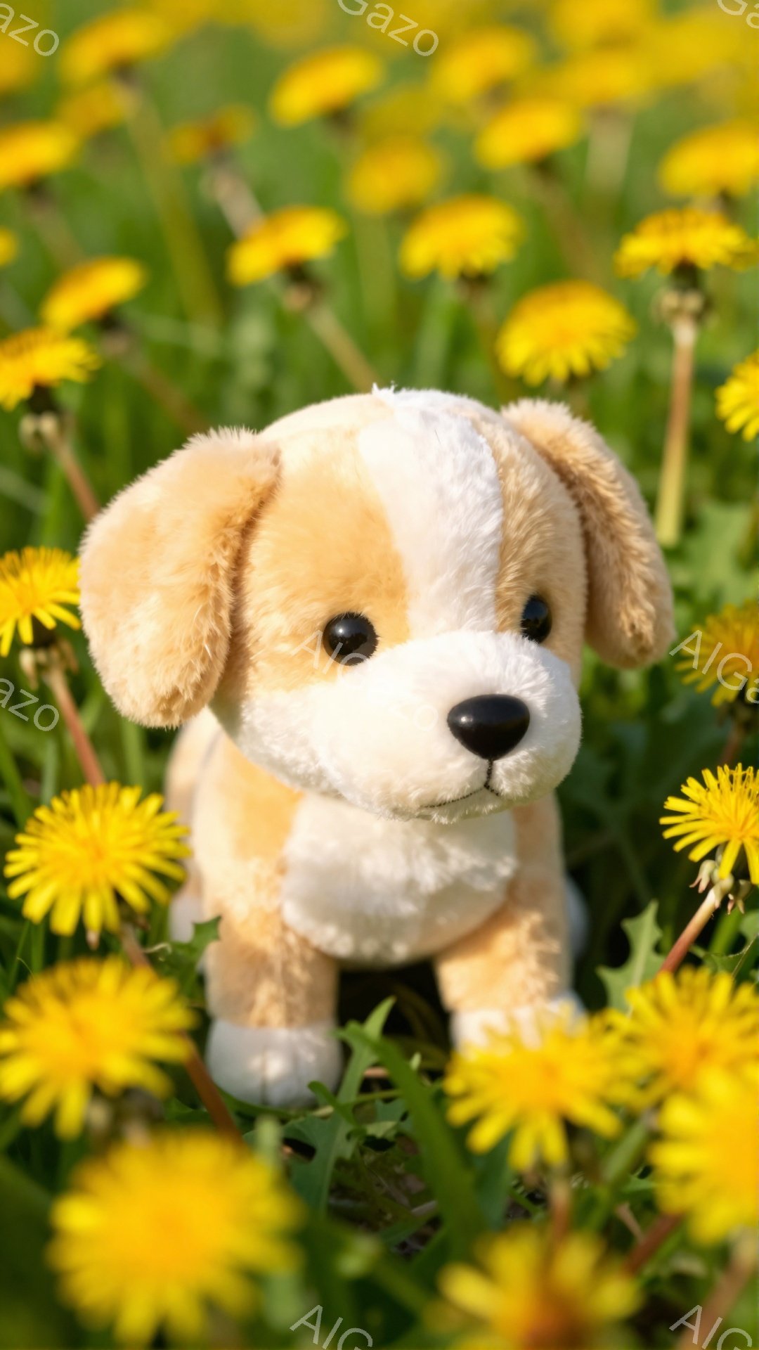 タンポポ畑に座る小さなクリーム色のパピーがいます。大きな耳と黒い目をしていて、可愛らしい表情をしています。柔らかい毛並みと、周りの黄色い花とのコントラストが目に付きます。