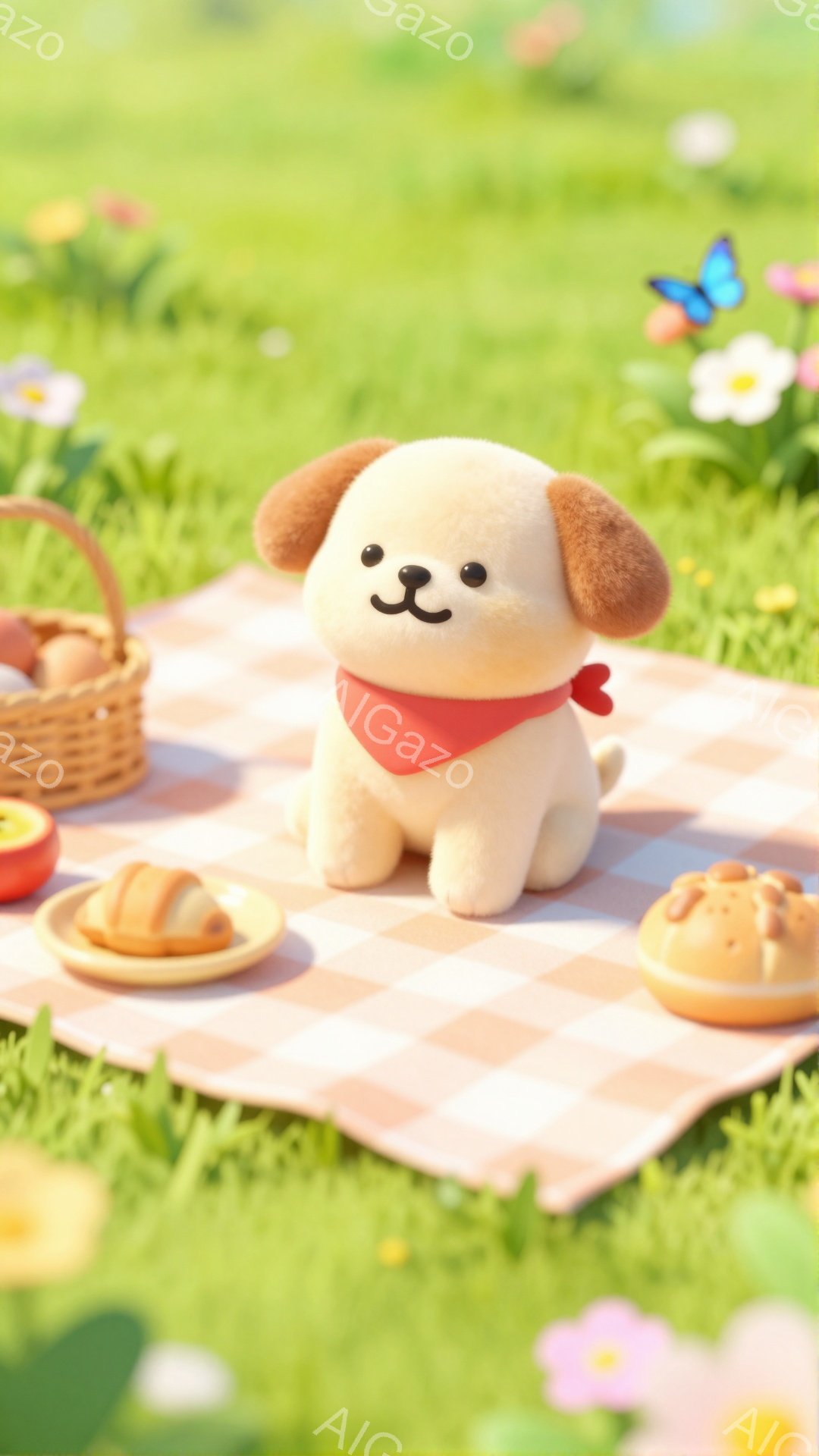緑の草原に、ピクニックの準備が整っています。子犬のぬいぐるみが赤いバンダナをつけ、可愛らしく座っています。パンやフルーツが並び、背景にはタンポポや花が咲き、暖かく穏やかな雰囲気です。