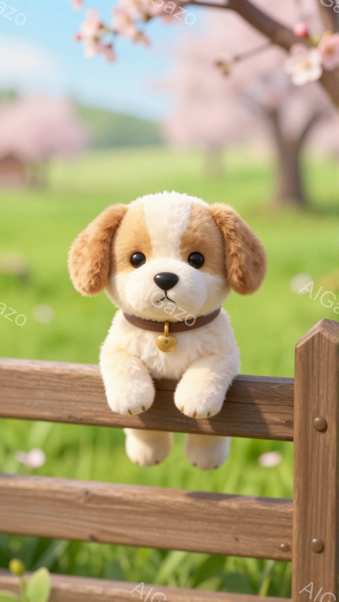 芝生と桜並木の背景に、柵の上に乗った子犬がいます。子犬はクリームと茶色の毛並みで、首輪をつけており、可愛らしい表情をしています。春らしい暖かく穏やかな雰囲気です。