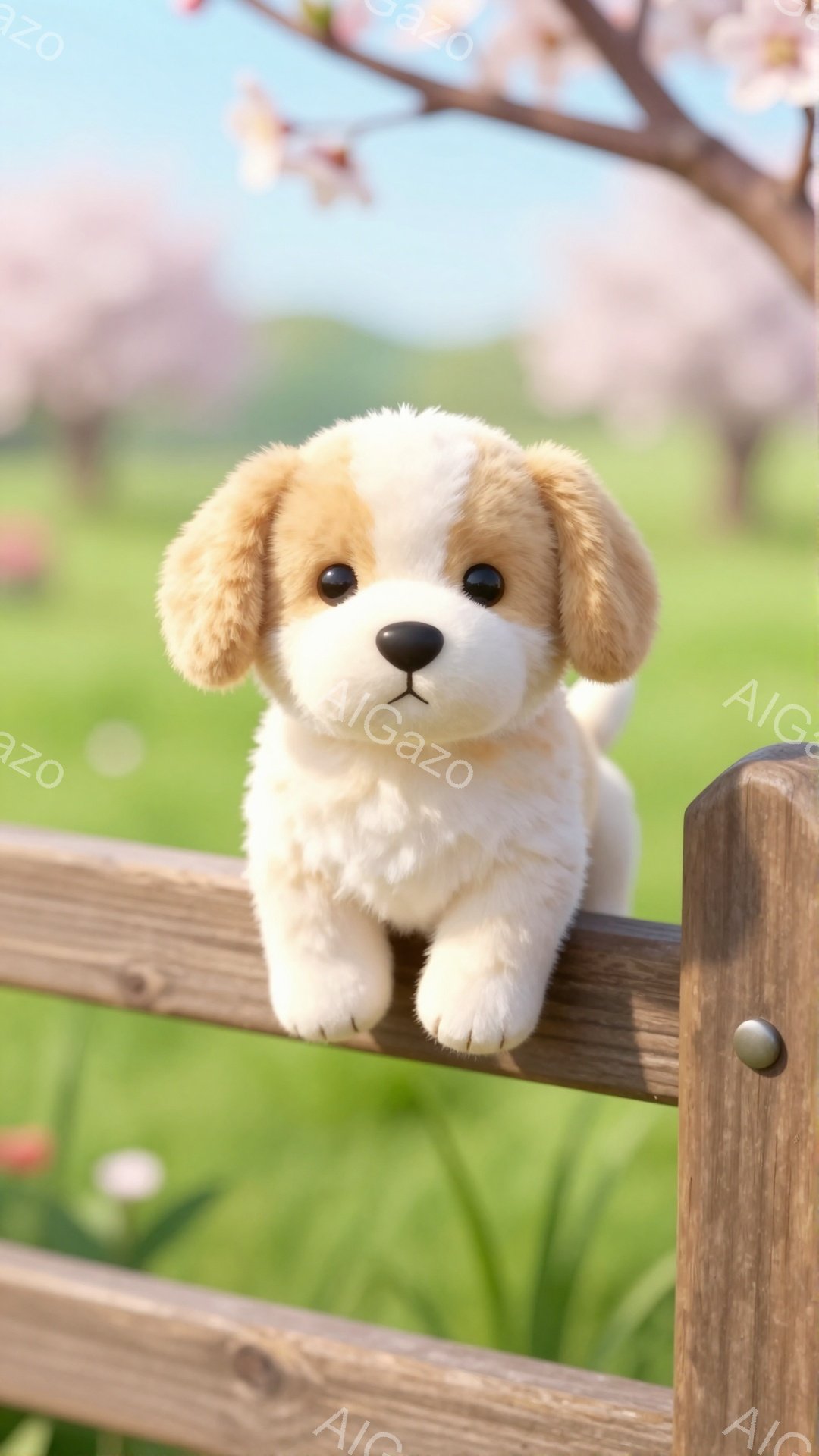 ふわふわのクリーム色のパピーが木製の柵の上に乗っています。背景には緑の草と桜の木々がぼんやりと見え、春らしい穏やかな雰囲気が漂っています。パピーは前足を前に出し、こちらを見つめており、可愛らしい表情をしています。
