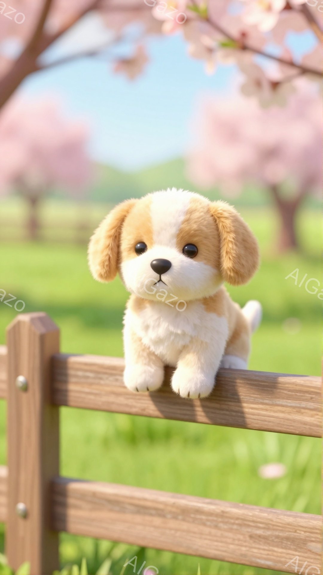 春の陽気に包まれた緑の草原に、子犬が木の柵の上にちょこんと座っています。オレンジと白の毛並みで、つぶらな瞳が愛らしい表情を見せています。背景には桜が咲き誇り、暖かく穏やかな雰囲気が漂っています。