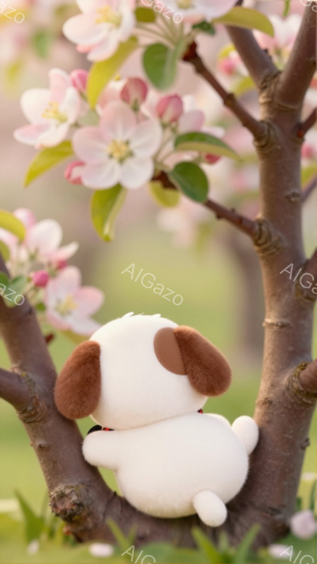 白い犬のぬいぐるみが桜の木の枝に座っています。ふっくらとした体と丸い耳が可愛らしく、ピンク色の花びらが背景にぼんやりと広がっています。春の暖かく穏やかな雰囲気が感じられます。 - AI生成フリー素材