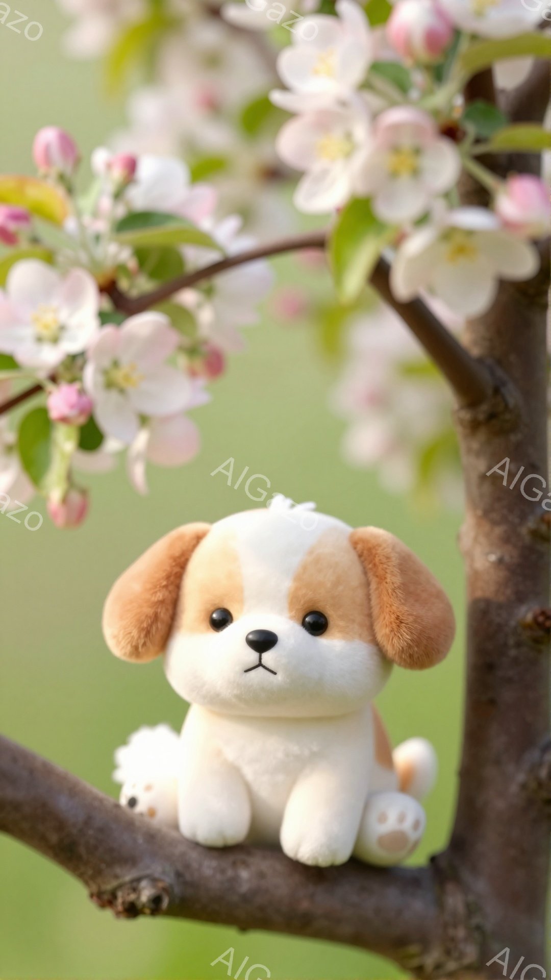 可愛らしい子犬が桜の枝に座っています。ふわふわの毛並みとつぶらな瞳が特徴的で、春らしい優しい雰囲気が漂います。背景にはぼやけた桜の花が咲き誇り、暖かく穏やかな印象を与えます。