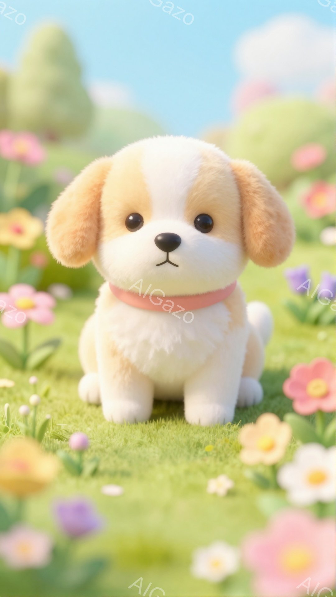 ふわふわのクリーム色の毛並みを持つ子犬が、ピンク色の首輪をつけて花畑の中にいます。緑の草とカラフルな花々が咲き乱れ、春らしい明るい雰囲気です。子犬はカメラに向かって少し上目遣いで見つめており、愛らしい表情をしています。