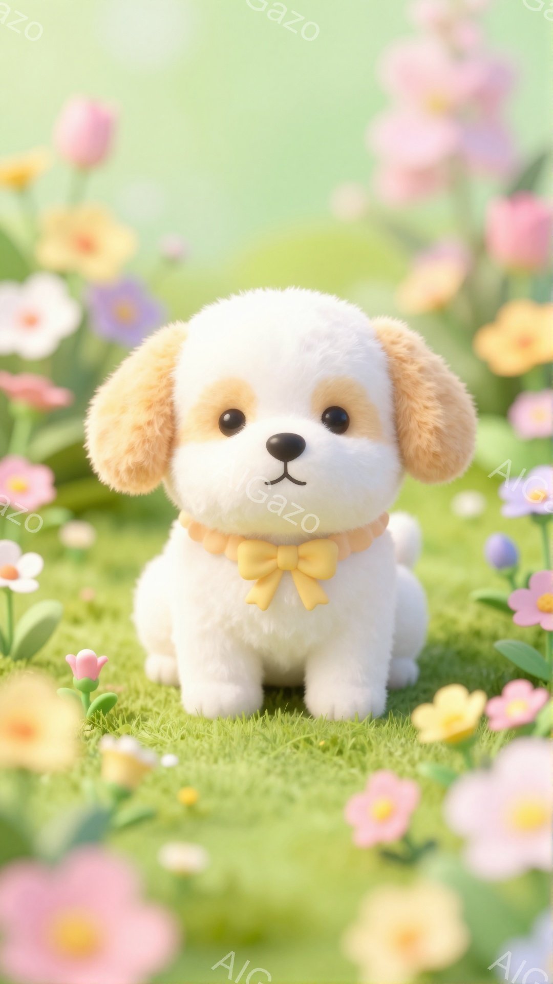 ふわふわの白い子犬が、緑の草の上に座ってこちらを見ています。黄色いリボンをつけていて、周囲には色とりどりの花が咲き乱れています。穏やかで可愛らしい雰囲気です。