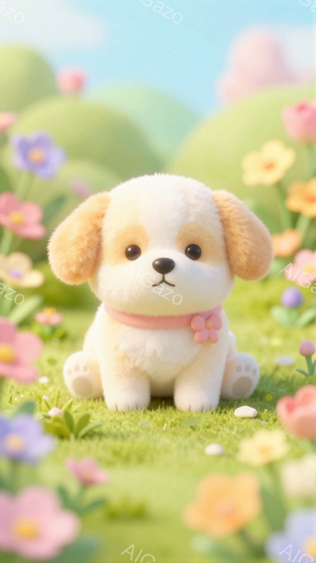 ふわふわのクリーム色の犬の子が緑の草の上に座っています。首輪にはピンクの花がついていて、可愛らしい姿をしています。周りには色とりどりの花が咲き、春らしい穏やかな雰囲気が漂っています。 - AI生成フリー素材