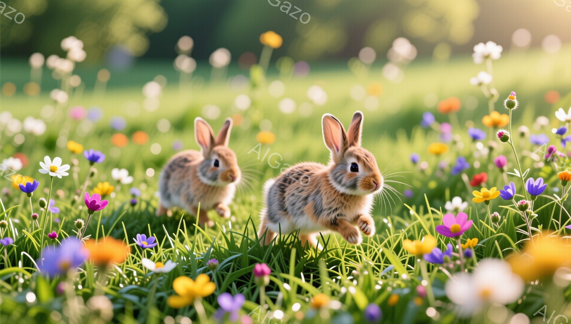緑豊かな草地で、2匹のうさぎが花の間を駆け抜けています。片方のうさぎはもう一方より少し後ろにいて、顔を上げています。鮮やかな色の花々が咲き乱れ、春らしい穏やかな雰囲気を醸し出しています。