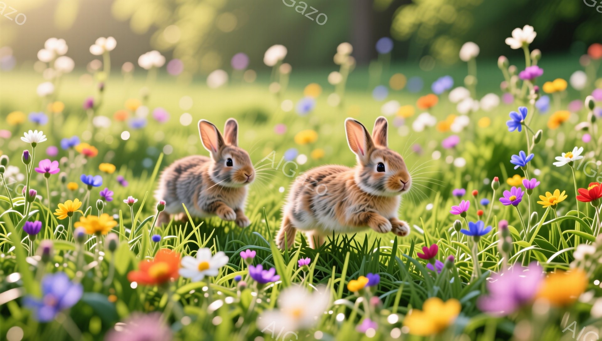 広々とした草地に、2匹の毛むくじゃらのウサギが元気よく走り回っています。鮮やかな野花が咲き乱れる背景が、春らしい明るい雰囲気を演出しています。ウサギは好奇心旺盛な表情で、前方を向いて活発に動き回っています。