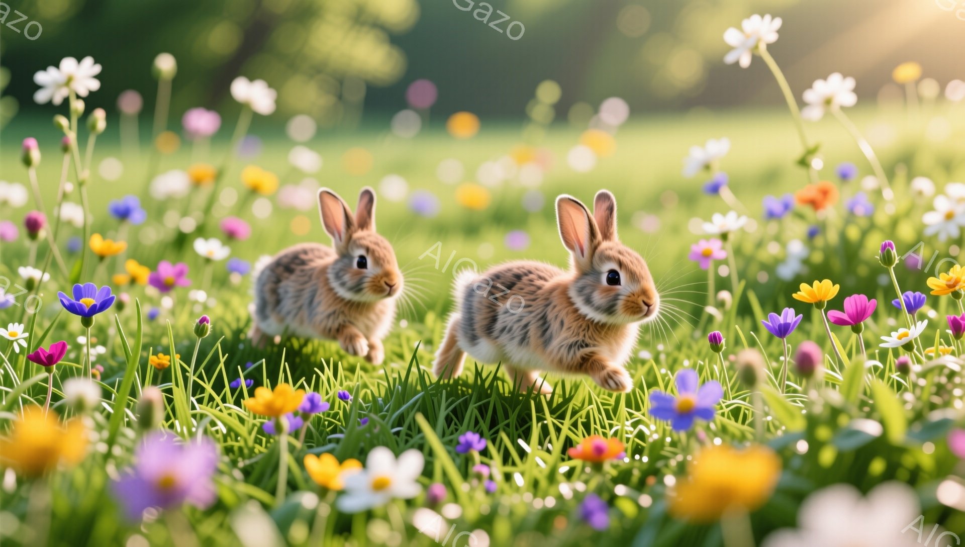 鮮やかな野原で、2匹のうさぎが花の間を走り回っています。日差しが柔らかく、春の暖かさを感じさせる、穏やかな雰囲気です。様々な色の花が咲き乱れ、可愛らしい光景を作り出しています。